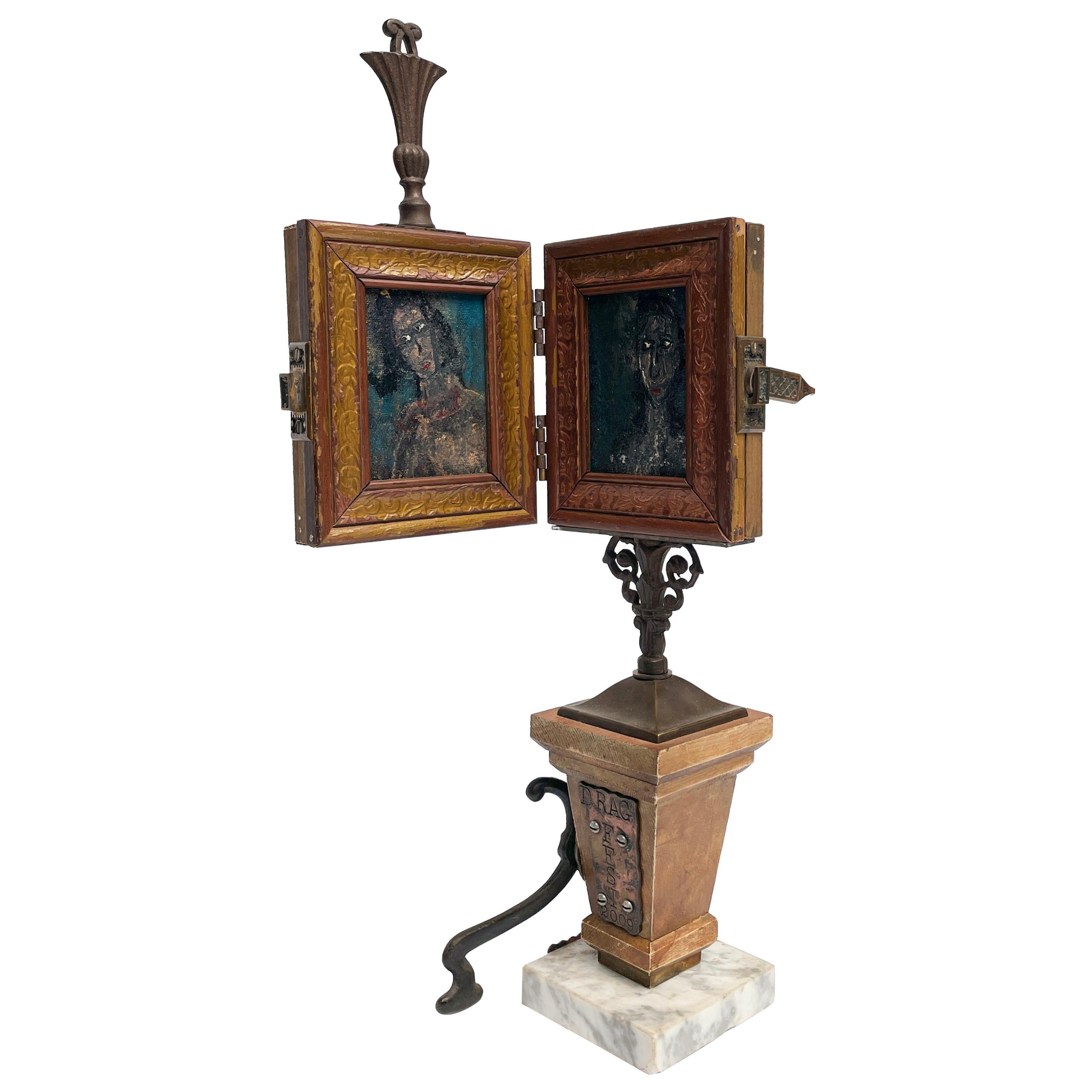 Vanity Mirror with Two Portrait Paintings and  Found Objects