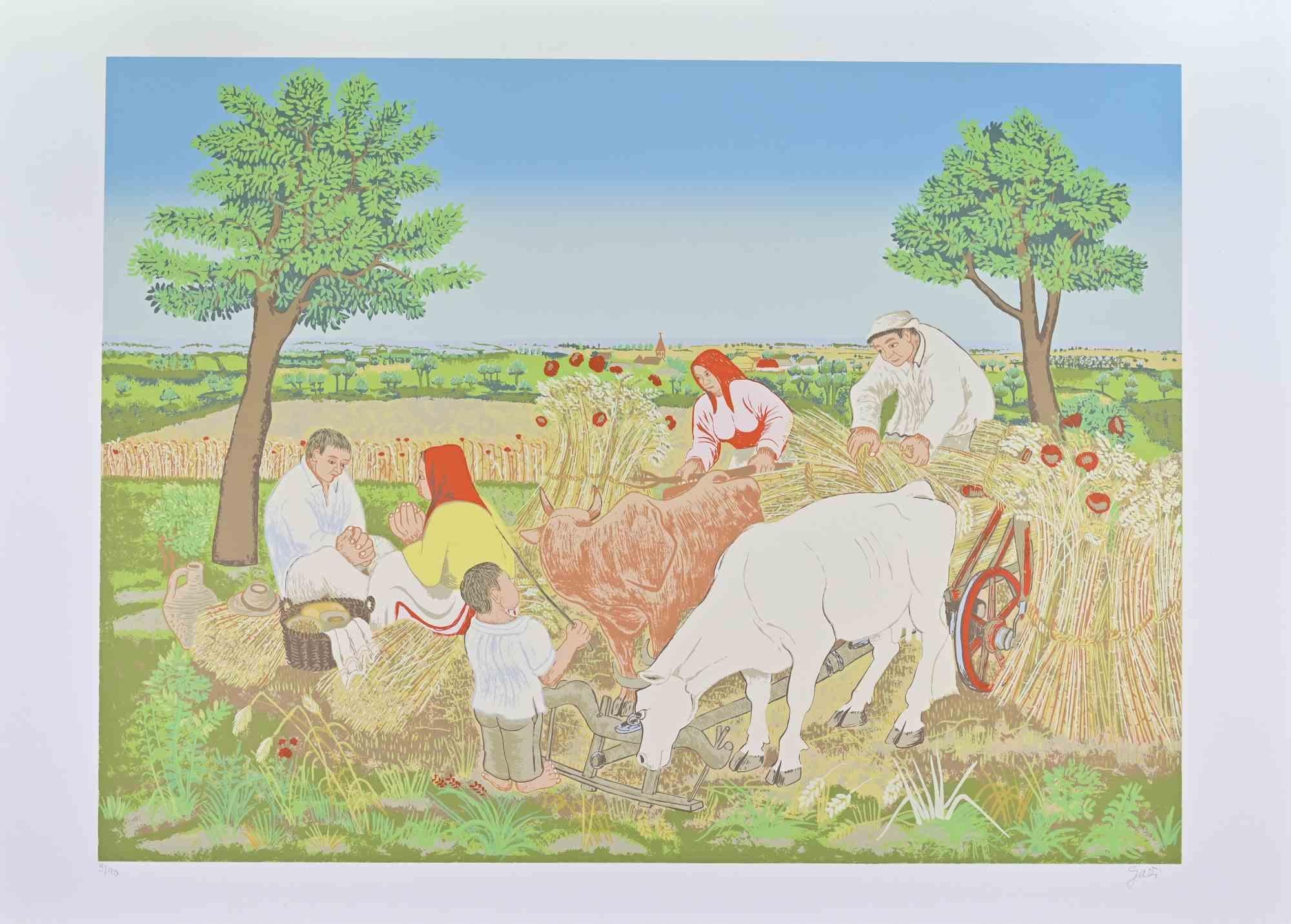 Screen print on paper, realized in 1976.

Hand signed and numbered in pencil.

Edition of 90.

The work depicts a rural harvest in progress, with villagers working together as oxen draw a threshing device through bundled sheaves of grain. The