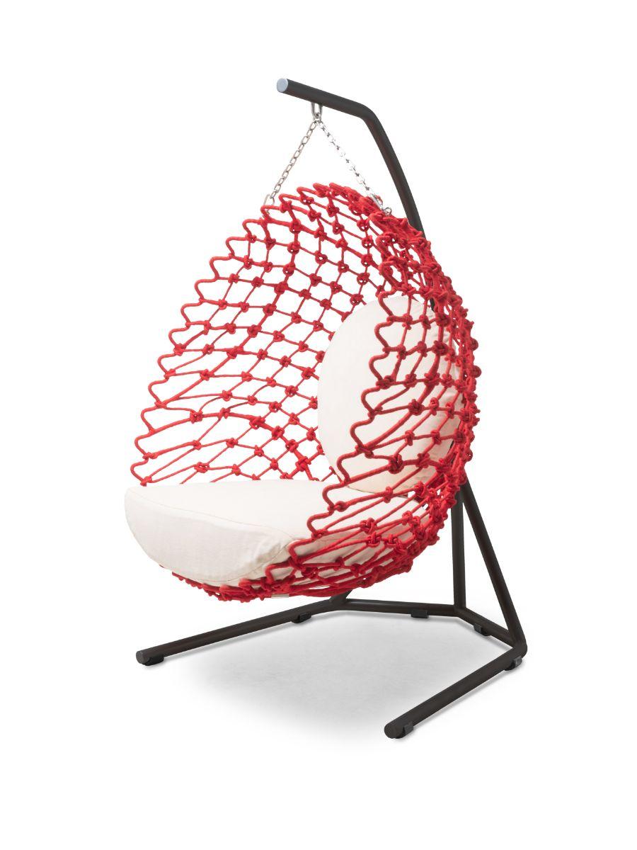 Dragnet hanging chair indoor by Kenneth Cobonpue
Materials: Polycotton, steel, stainless steel. 
Dimensions: 111.5cm x 110cm x H 176.5 cm 

Get caught in Dragnet’s comfort and eye-catching latticework. With fabric twisted and wrapped around a