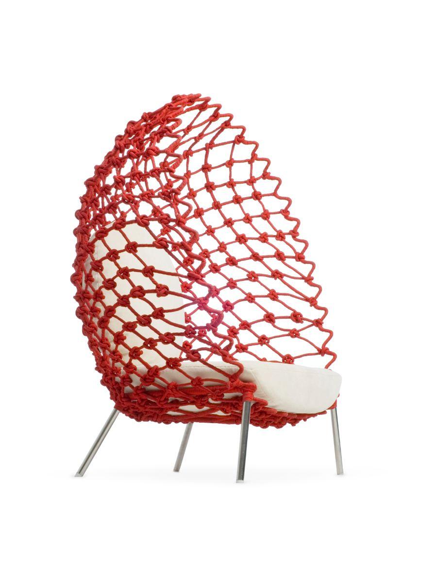 Dragnet lounge chair indoor by Kenneth Cobonpue
Materials: Polycotton, steel, stainless steel. 
Dimensions: 86cm x 110cm x height 136cm 

Get caught in Dragnet’s comfort and eye-catching latticework. With fabric twisted and wrapped around a
