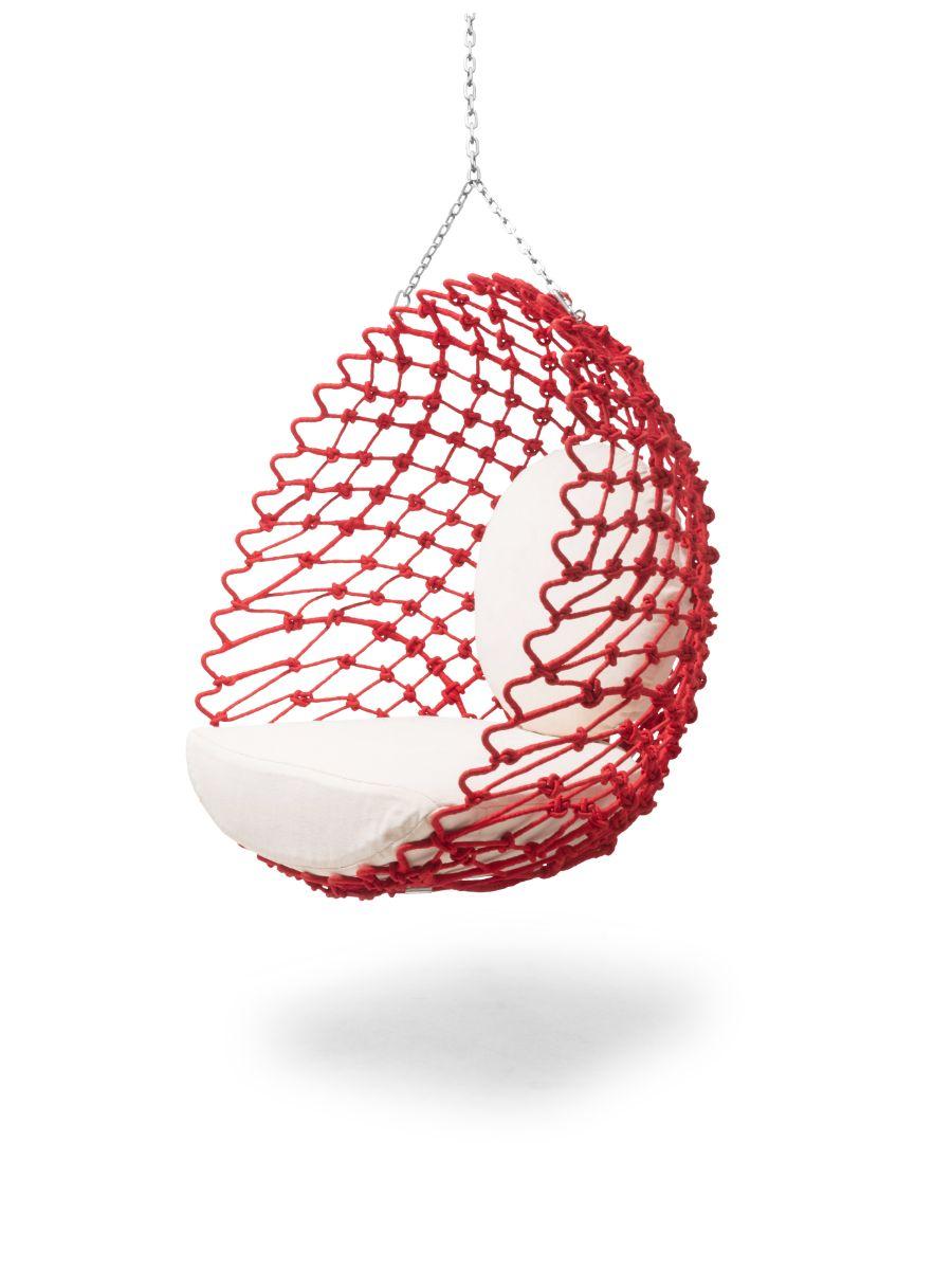 Dragnet swing chair indoor by Kenneth Cobonpue
Materials: Polycotton, steel, stainless steel. 
Dimensions: 86cm x 110cm x H 119cm 

Get caught in Dragnet’s comfort and eye-catching latticework. With fabric twisted and wrapped around a stainless