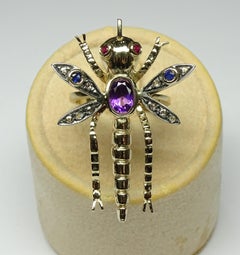 Dragonfly Amethyst Ruby Sapphire Rose Cut Diamonds 14 Karat Yellow Gold Ring