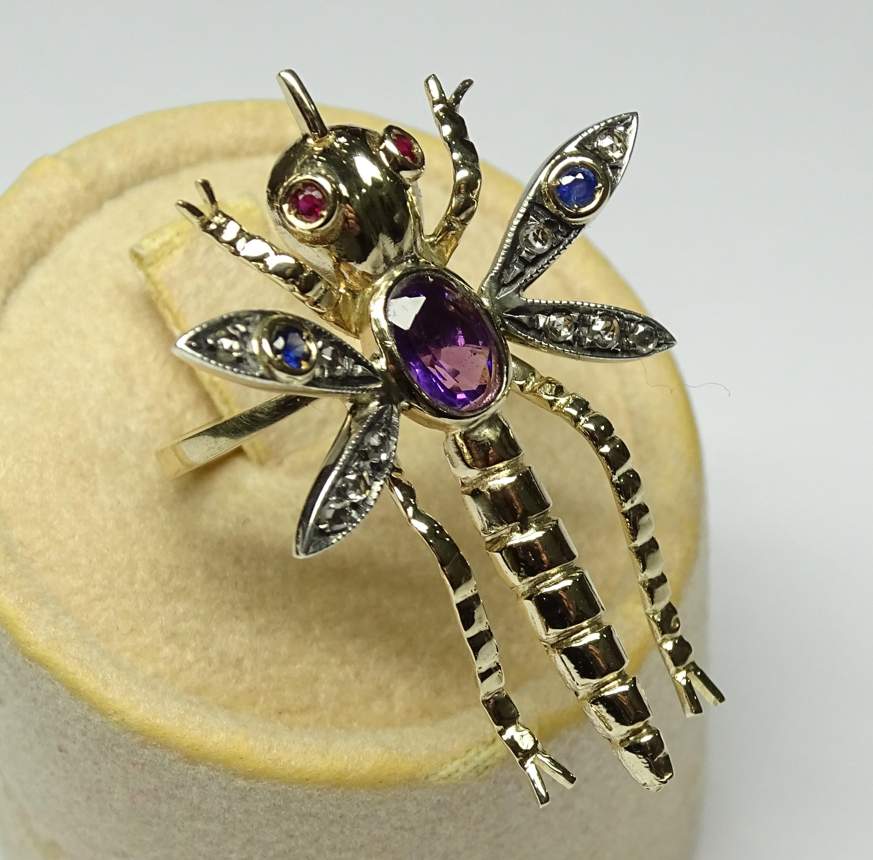 Art Nouveau Dragonfly Amethyst Ruby Sapphire Rose Cut Diamonds 14 Karat Yellow Gold Ring For Sale