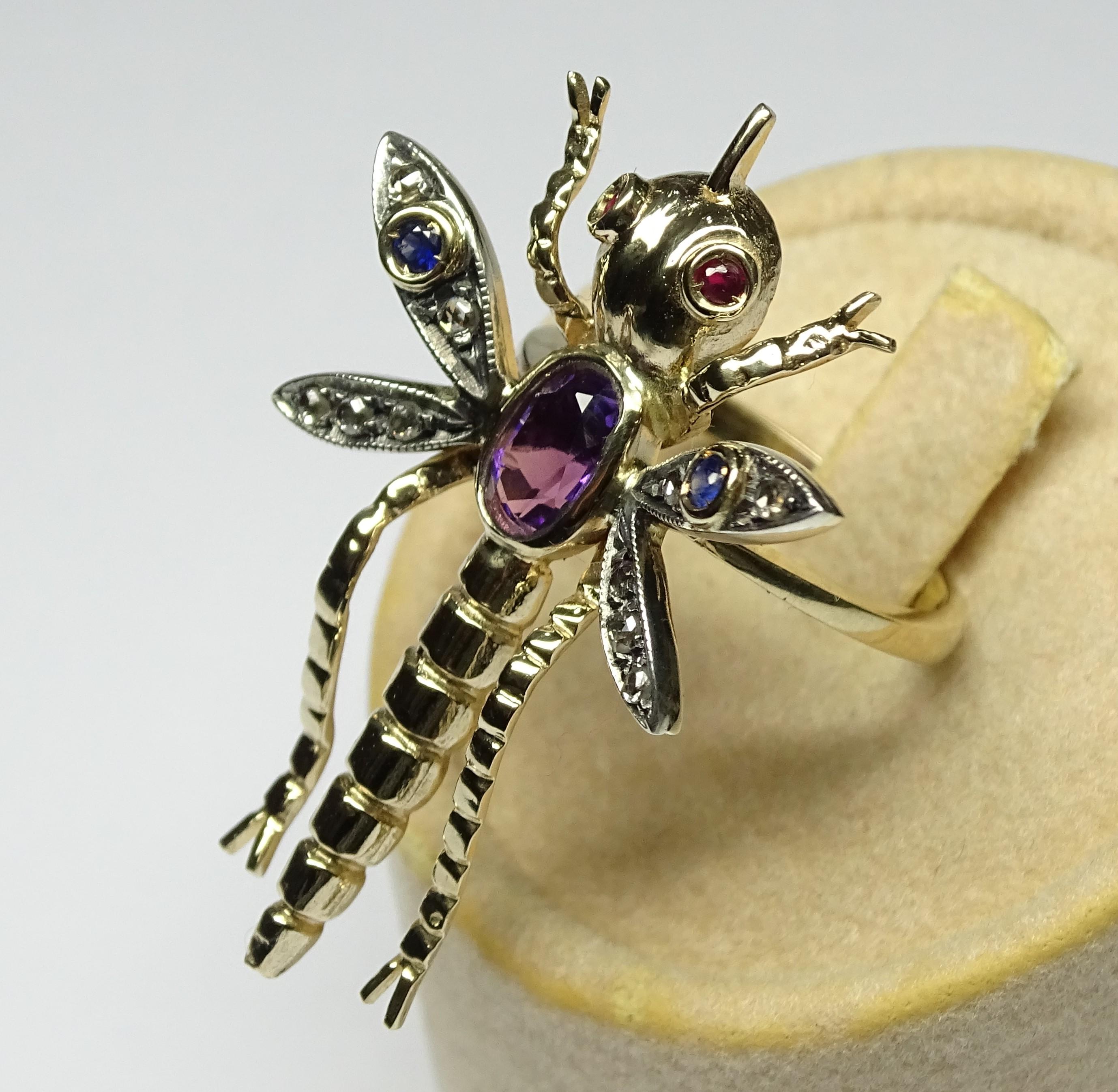 Dragonfly Amethyst Ruby Sapphire Rose Cut Diamonds 14 Karat Yellow Gold Ring In New Condition For Sale In Marcianise, IT