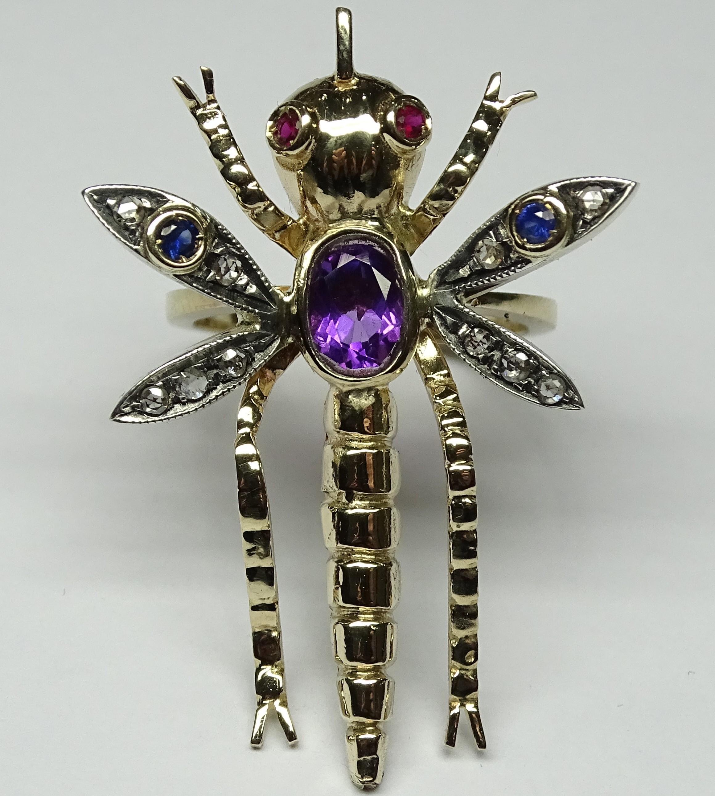 Women's or Men's Dragonfly Amethyst Ruby Sapphire Rose Cut Diamonds 14 Karat Yellow Gold Ring For Sale