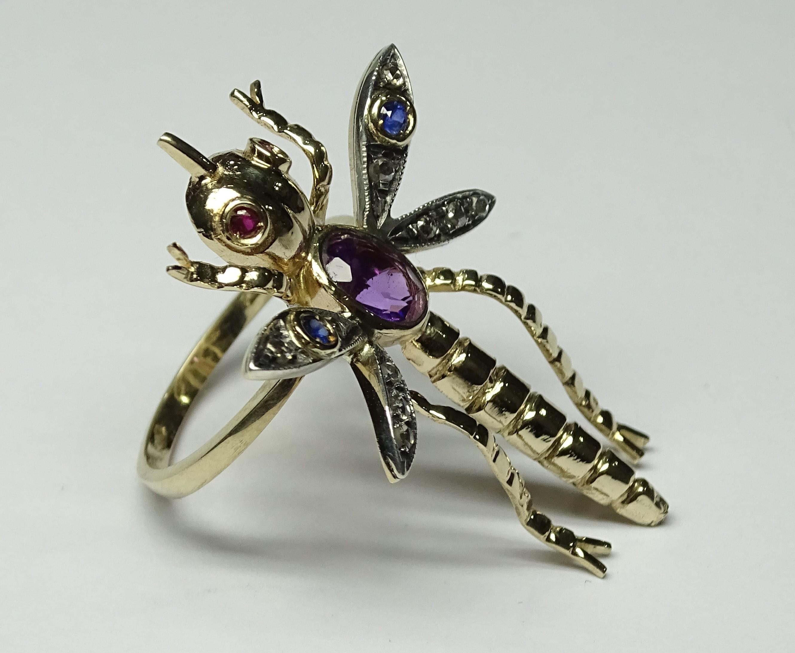 Dragonfly Amethyst Ruby Sapphire Rose Cut Diamonds 14 Karat Yellow Gold Ring For Sale 1