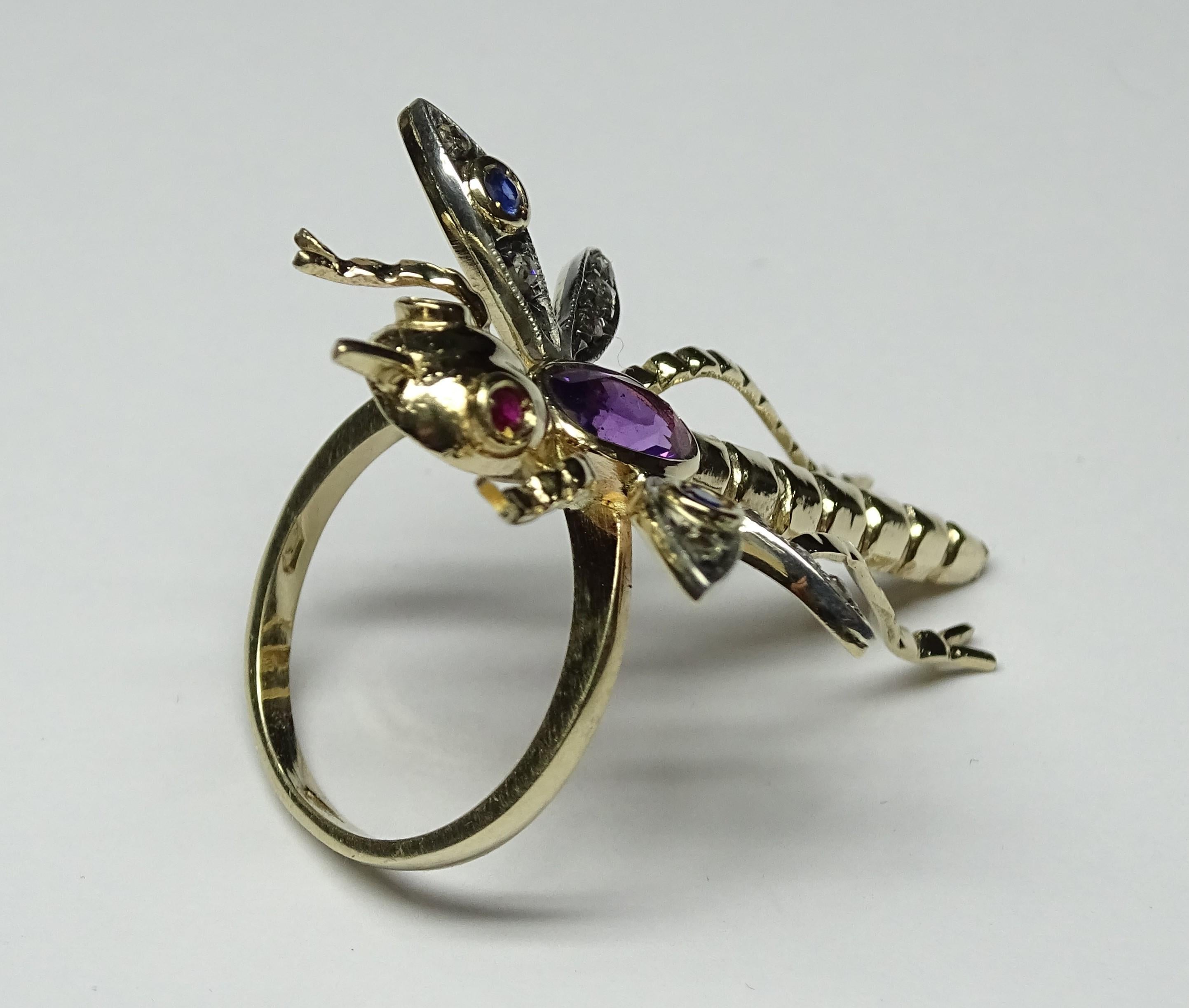 Dragonfly Amethyst Ruby Sapphire Rose Cut Diamonds 14 Karat Yellow Gold Ring For Sale 2