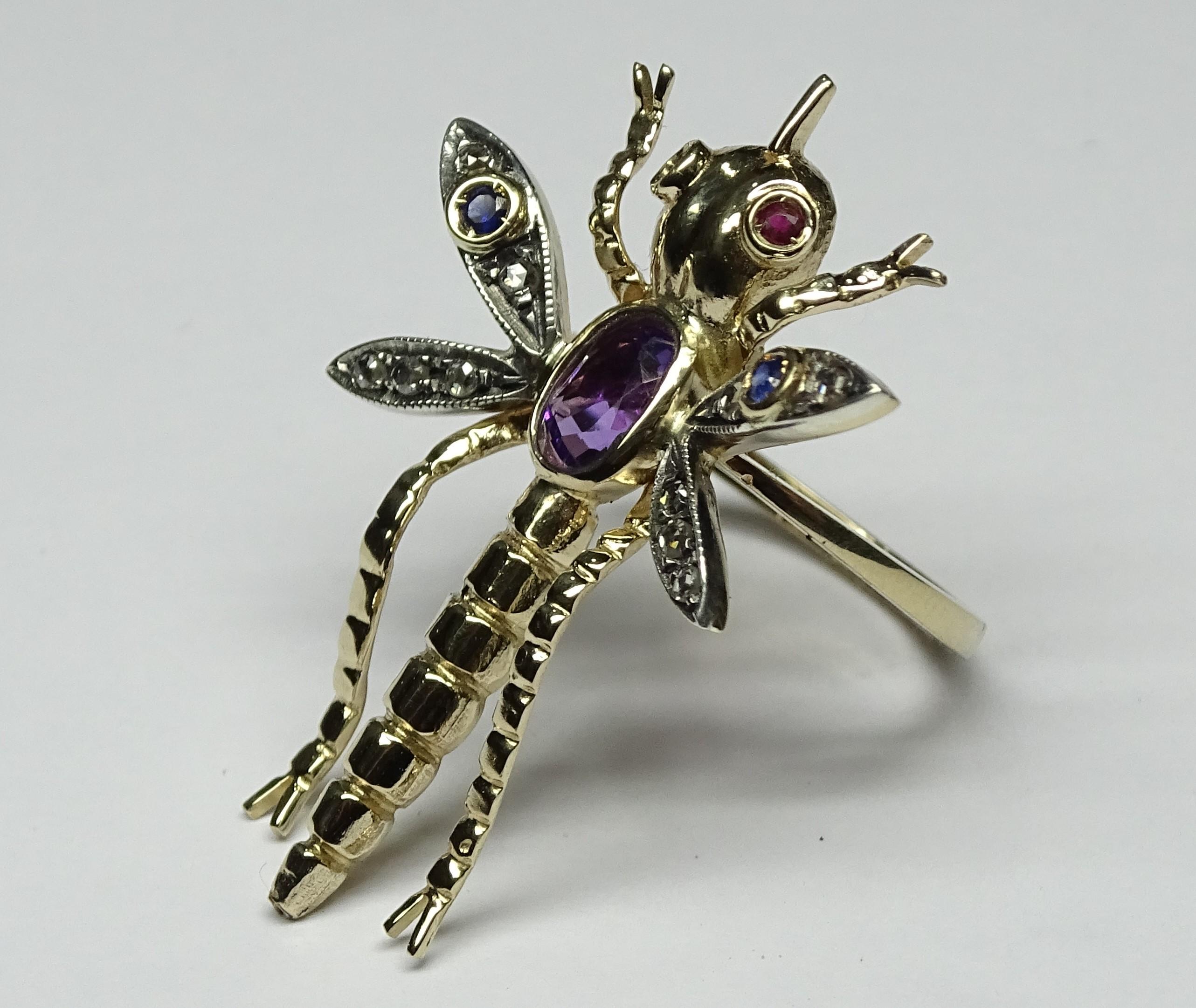 Dragonfly Amethyst Ruby Sapphire Rose Cut Diamonds 14 Karat Yellow Gold Ring For Sale 3