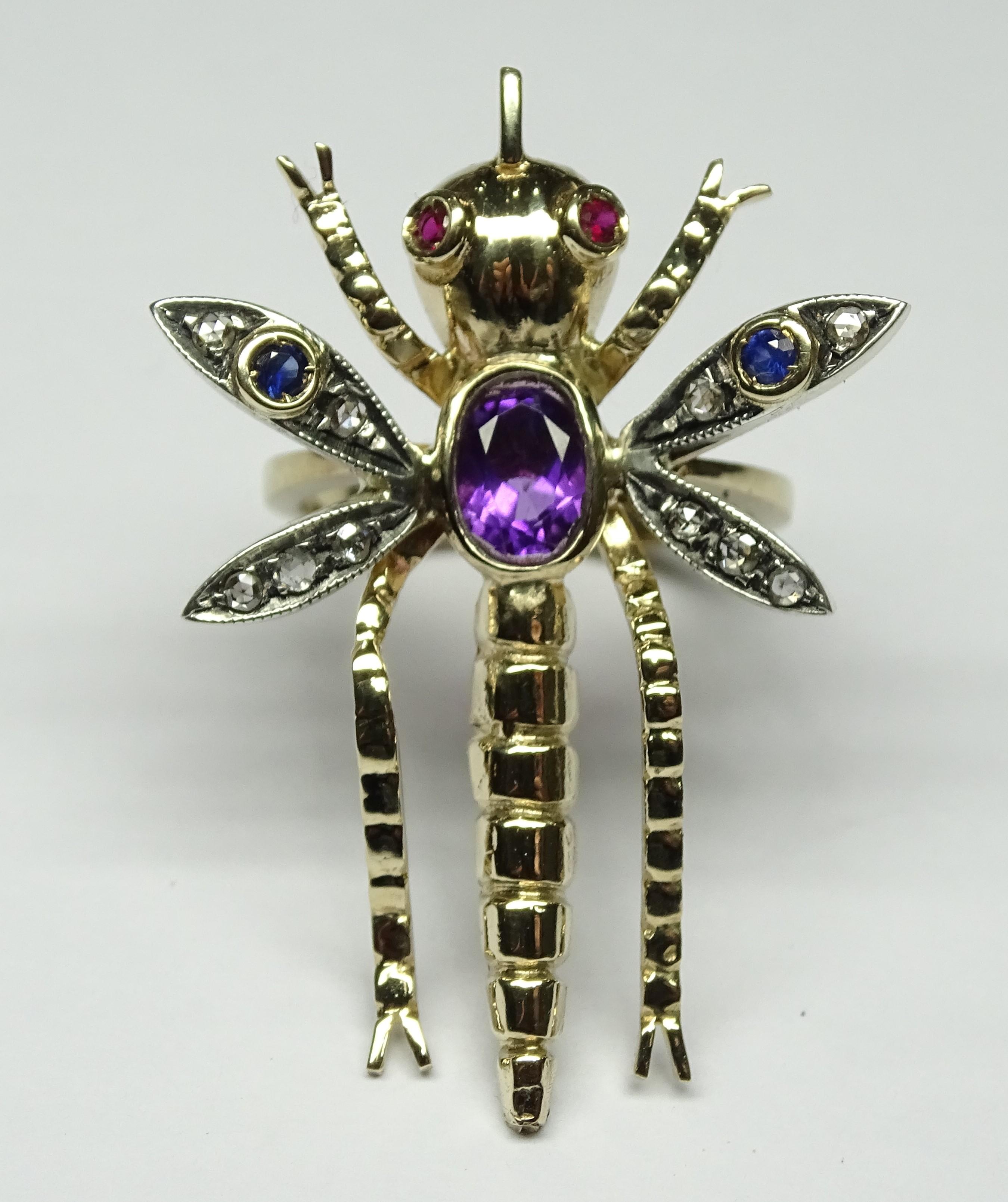 Dragonfly Amethyst Ruby Sapphire Rose Cut Diamonds 14 Karat Yellow Gold Ring For Sale 4