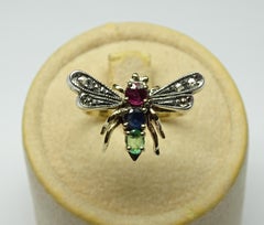 Dragnofly Ruby Emerald Sapphire Rose Cut Diamonds Yellow Gold Art Nouveau Ring