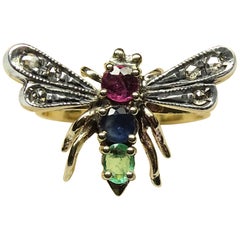 Antique Dragnofly Ruby Emerald Sapphire Rose Cut Diamonds Yellow Gold Art Nouveau Ring