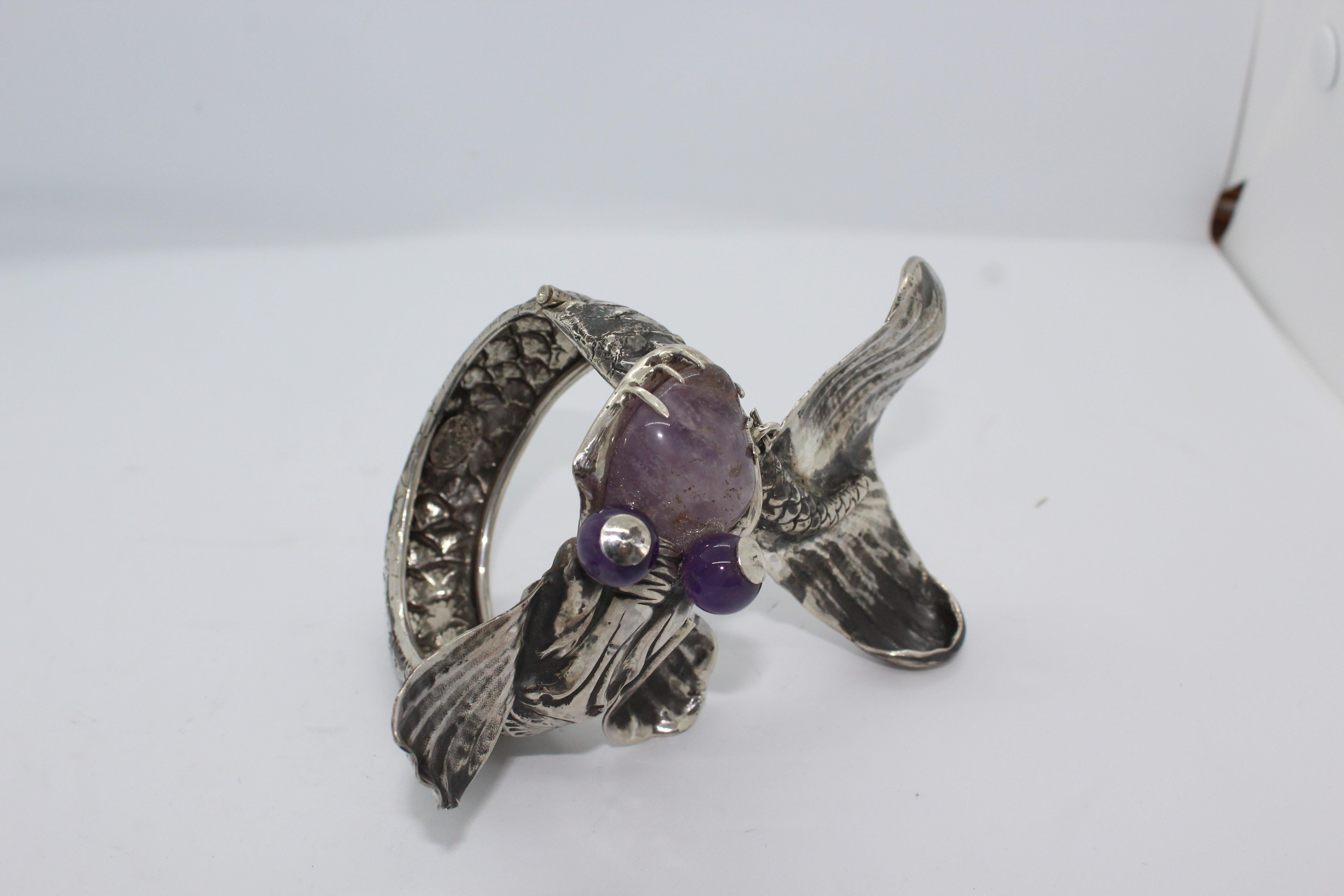 Perle Bracelet en argent sterling et améthyste représentant un dragon, fait à la main, Italie en vente