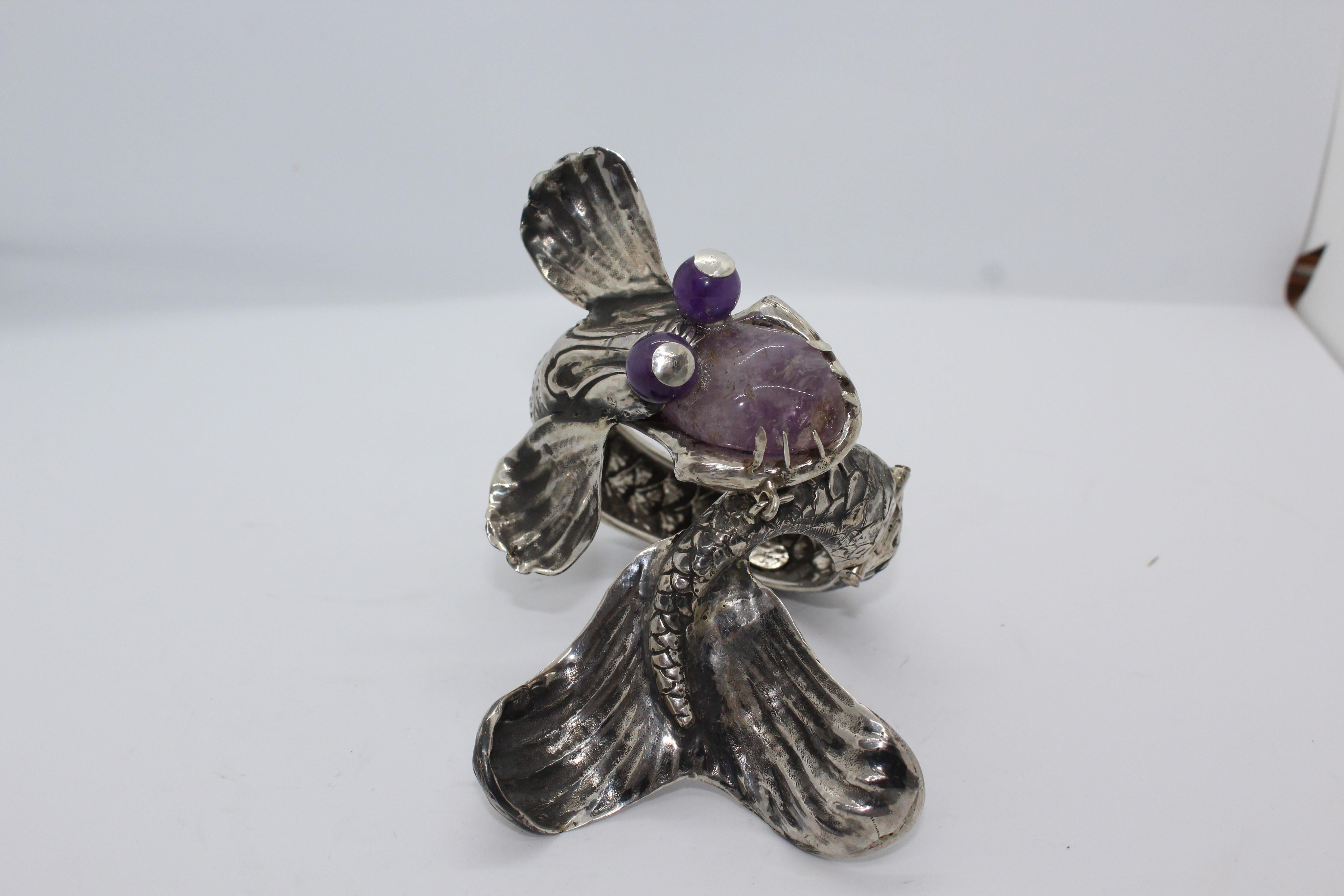 Dragon Amethyst Bracelet, Sterling Silver, Handmade, Italy In New Condition For Sale In Firenze, IT