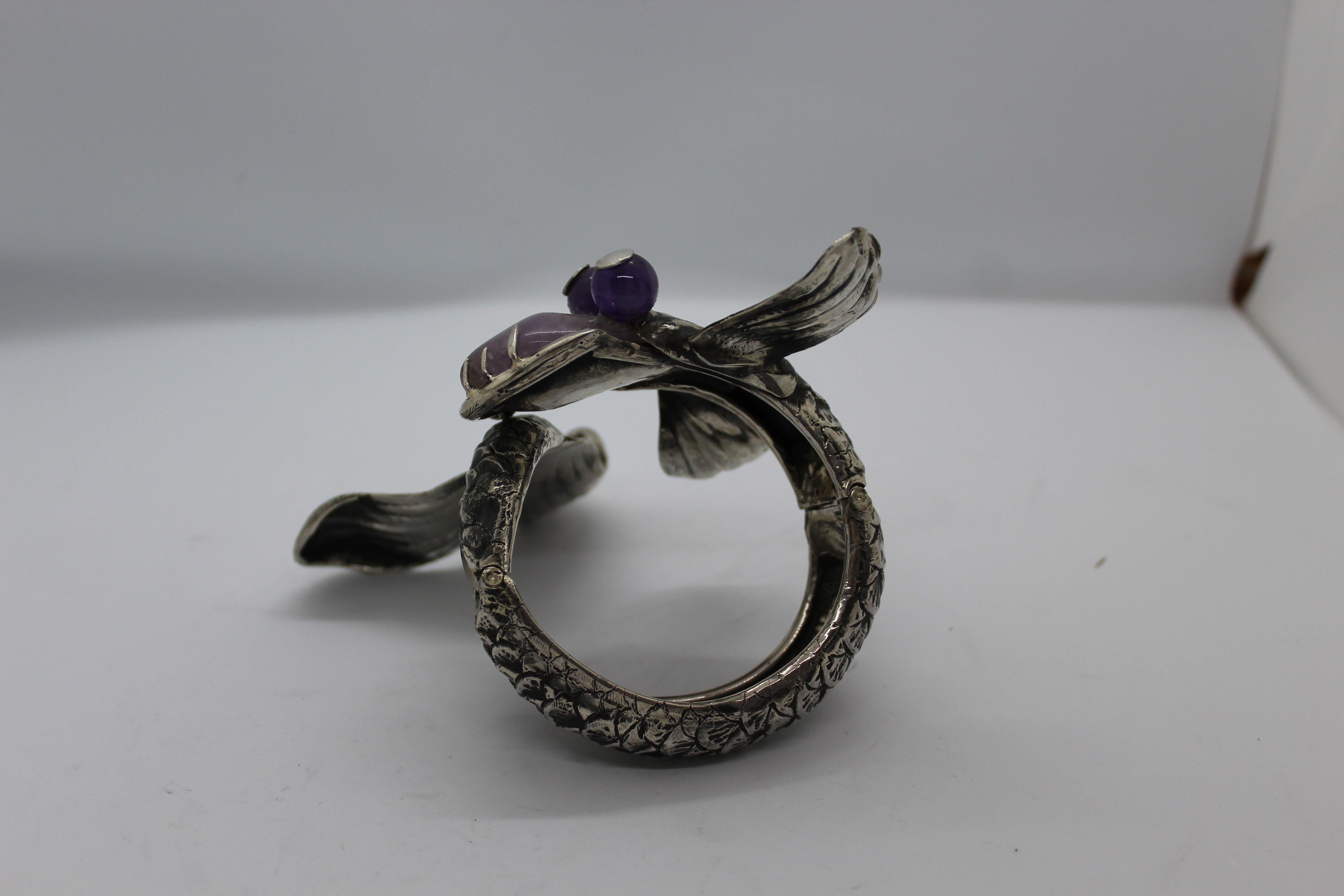 Bracelet en argent sterling et améthyste représentant un dragon, fait à la main, Italie en vente 1