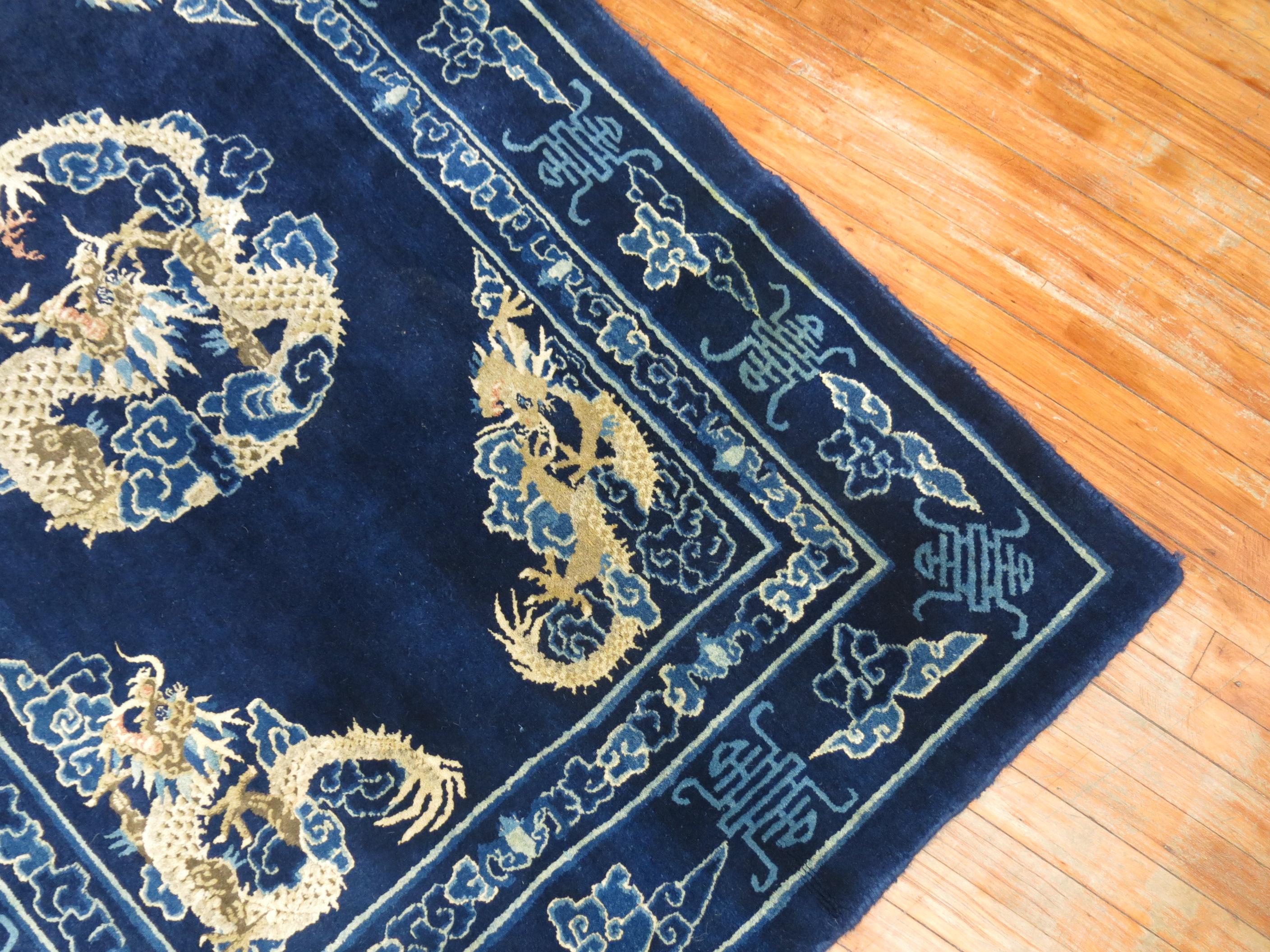 Expressionist Dragon Blue Chinese Rug, Mid-20th Century For Sale