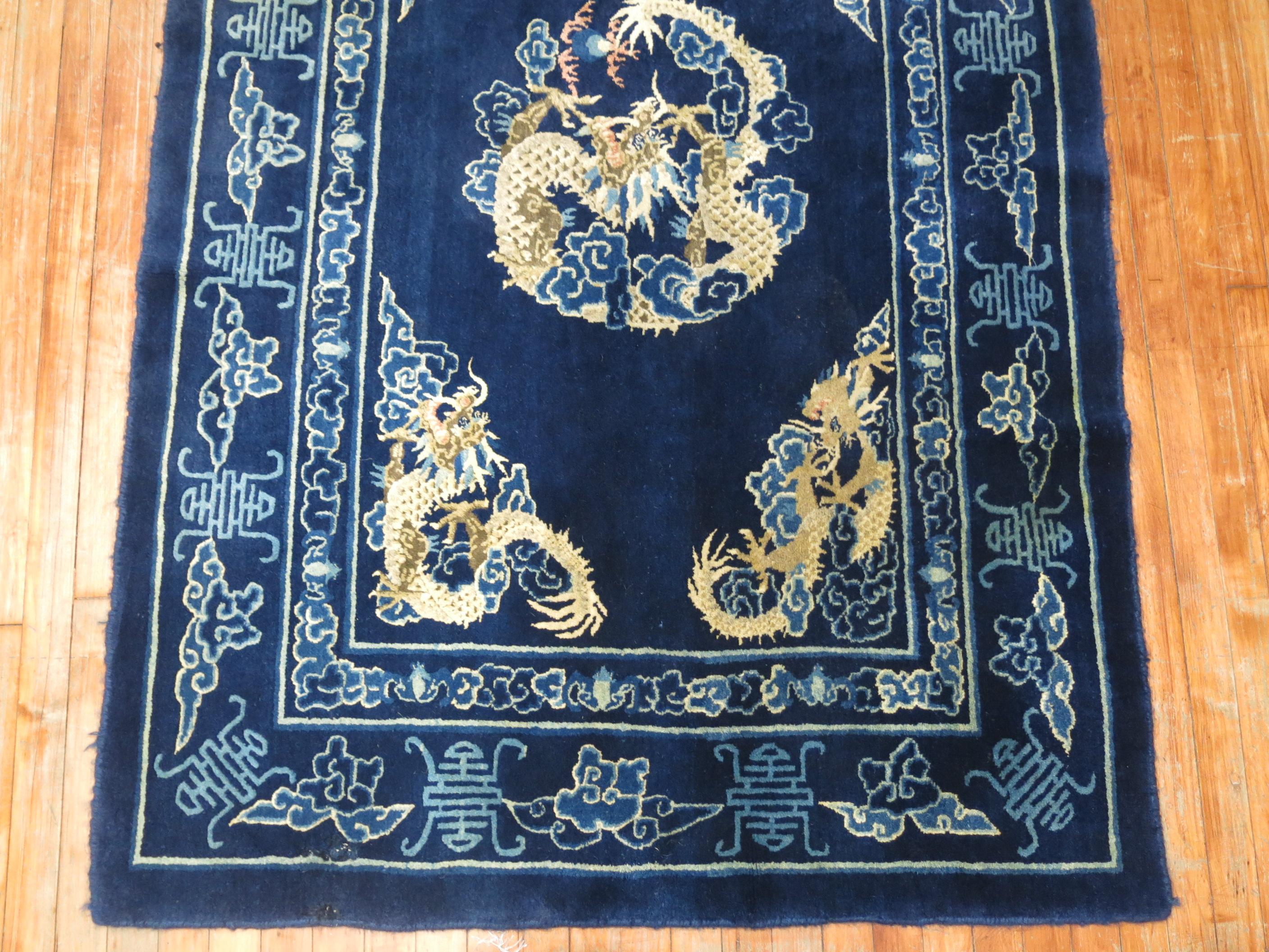 Tibetan Dragon Blue Chinese Rug, Mid-20th Century For Sale