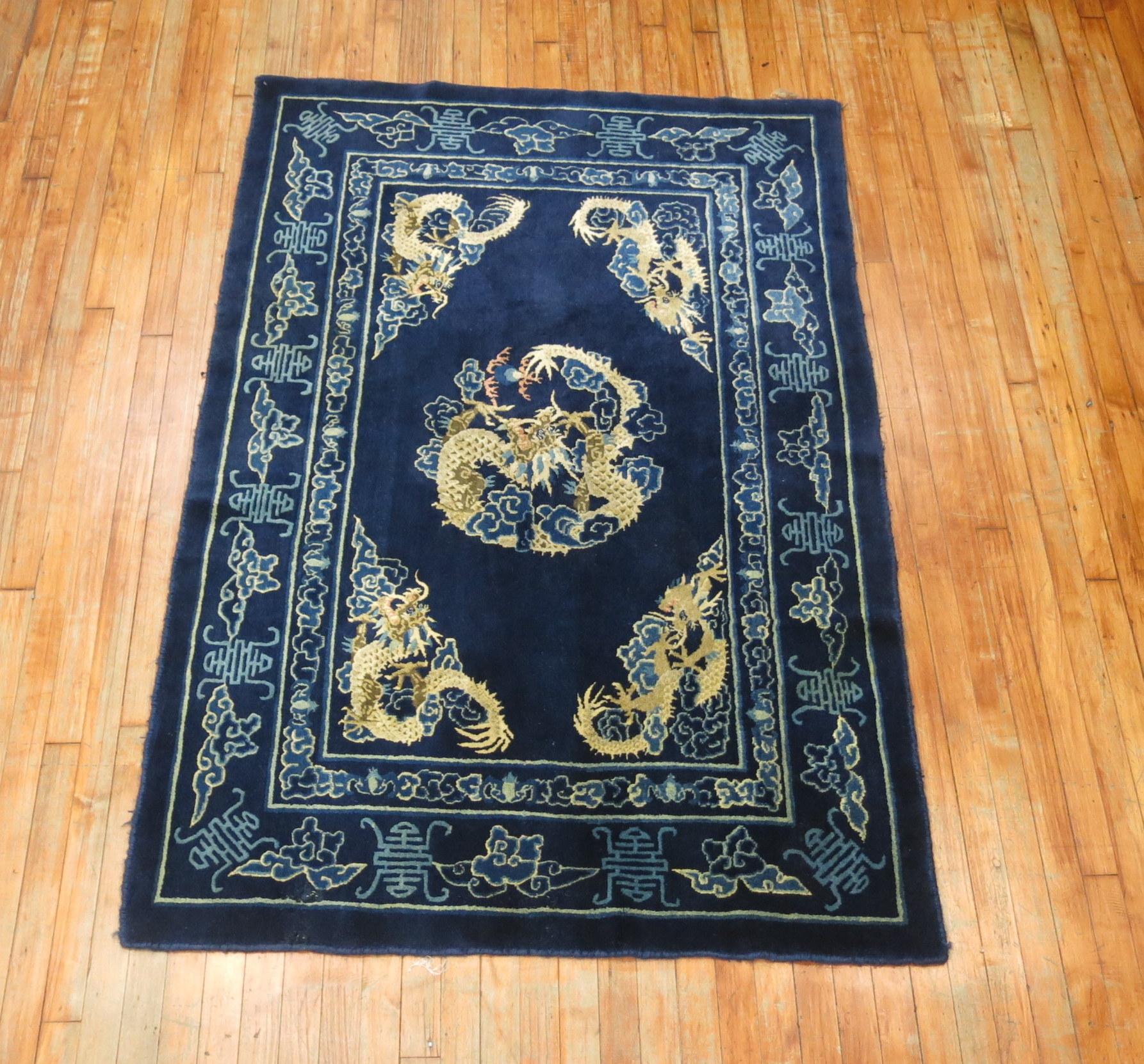 Dragon Blue Chinese Rug, Mid-20th Century In Excellent Condition For Sale In New York, NY