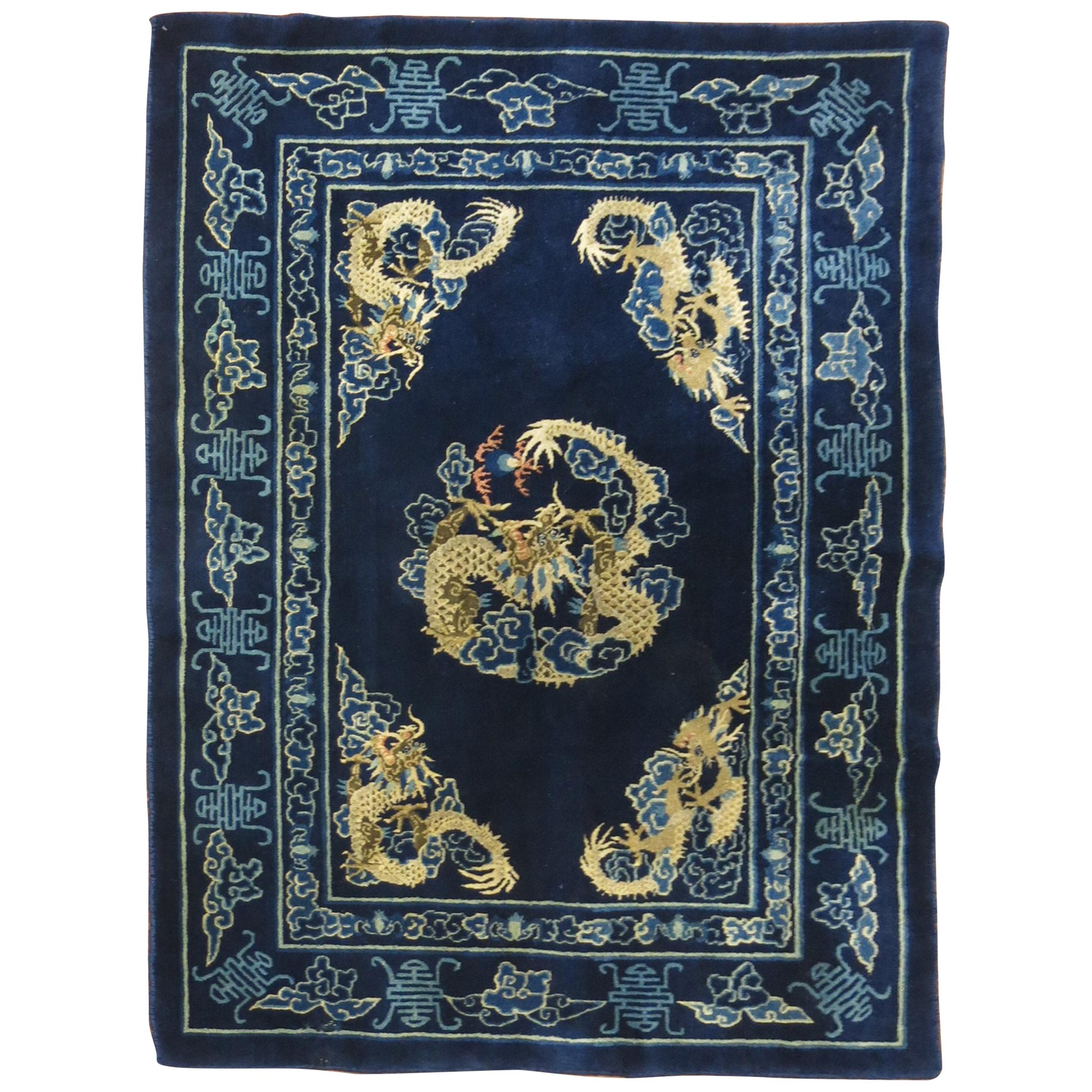 Dragon Blue Chinese Rug, Mid-20th Century For Sale
