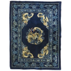 Vintage Dragon Blue Chinese Rug, Mid-20th Century