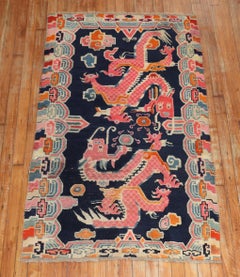 Dragon Blue Tibetan Rug, Mid-20th Century