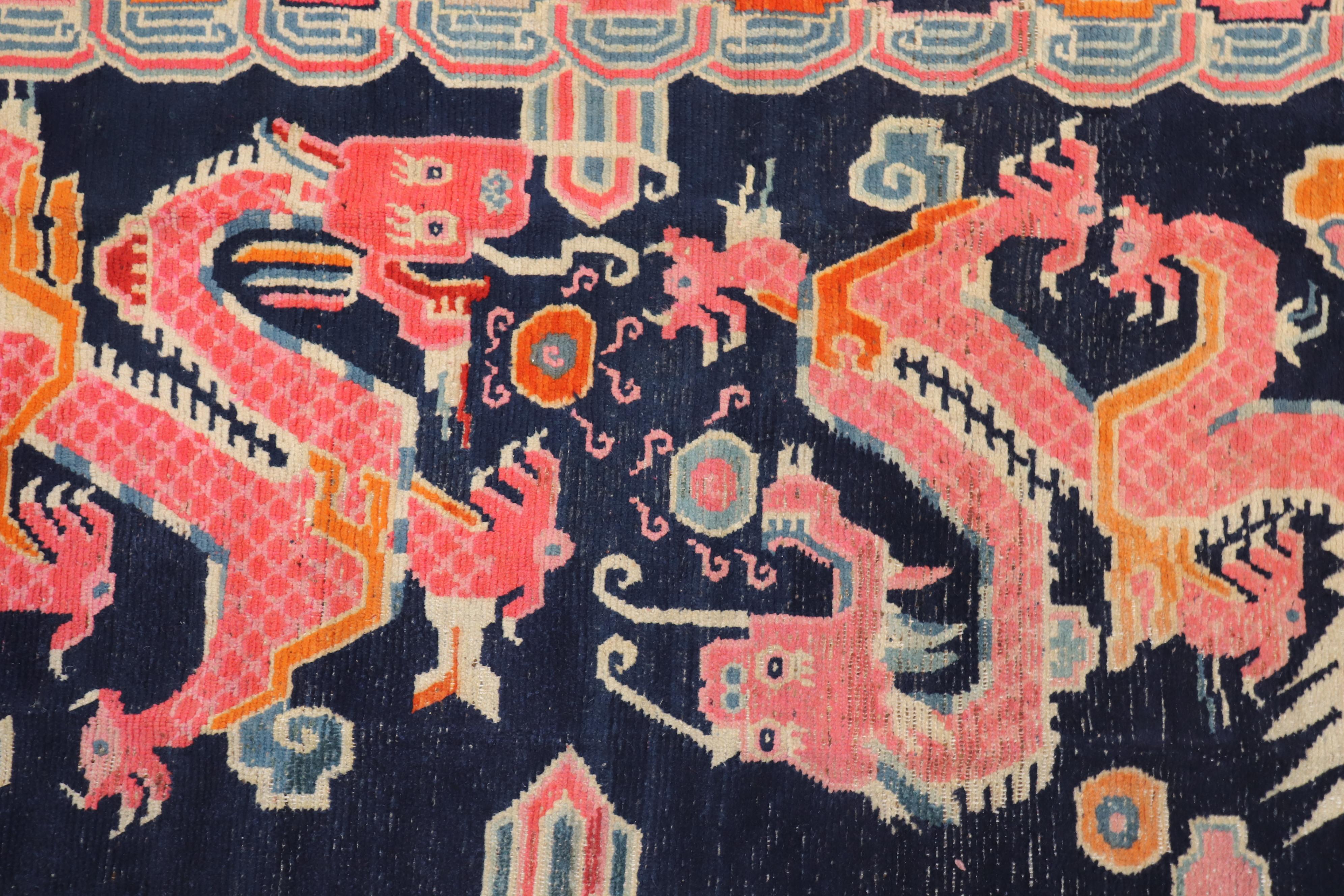 Hand-Knotted Dragon Blue Tibetan Rug, Mid-20th Century