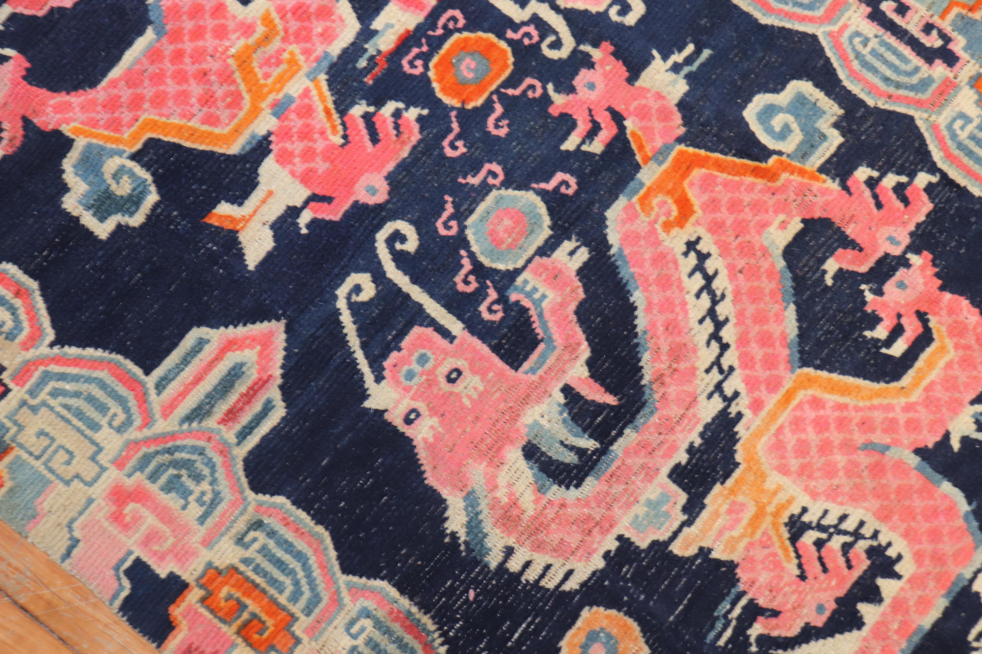 Wool Dragon Blue Tibetan Rug, Mid-20th Century