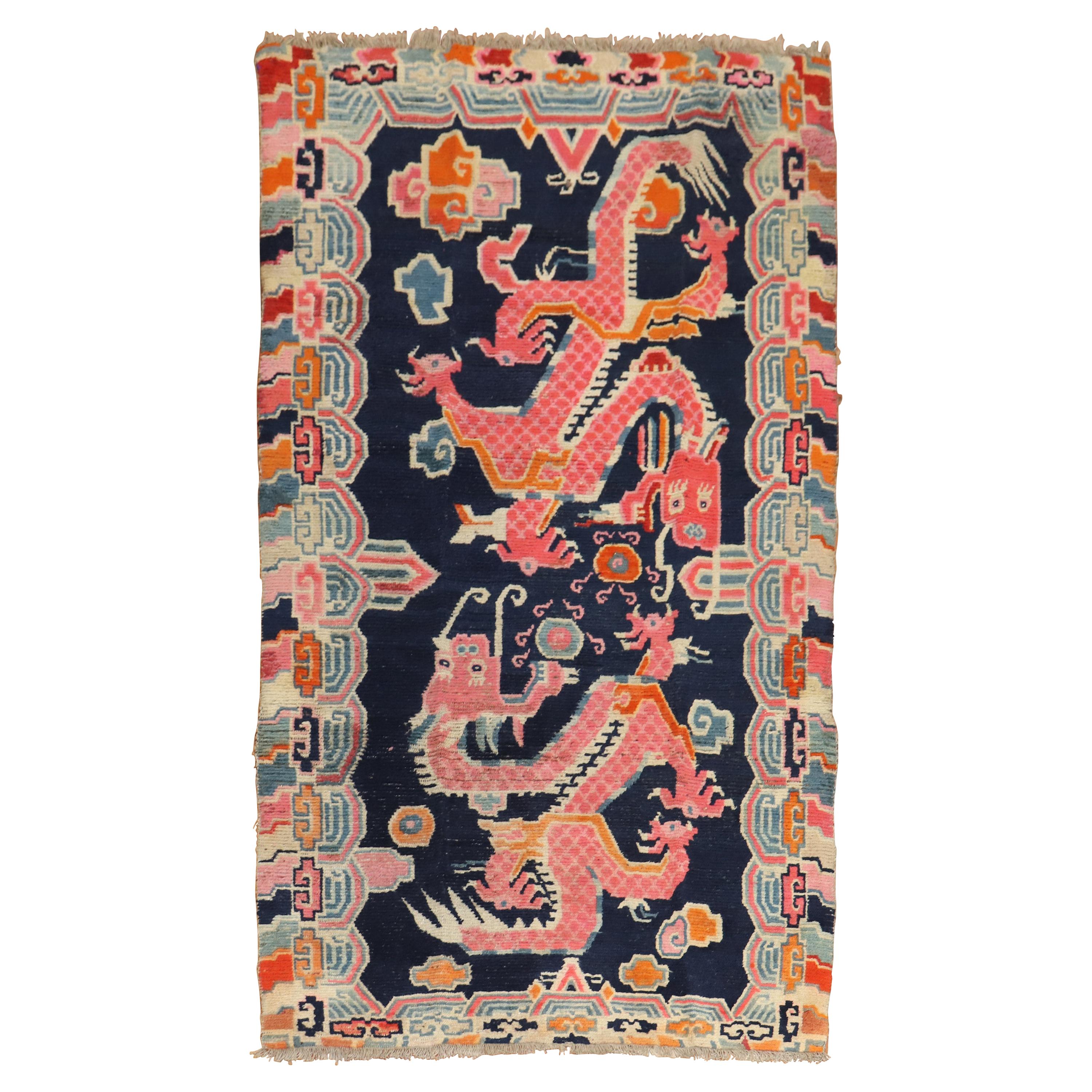 Dragon Blue Tibetan Rug, Mid-20th Century
