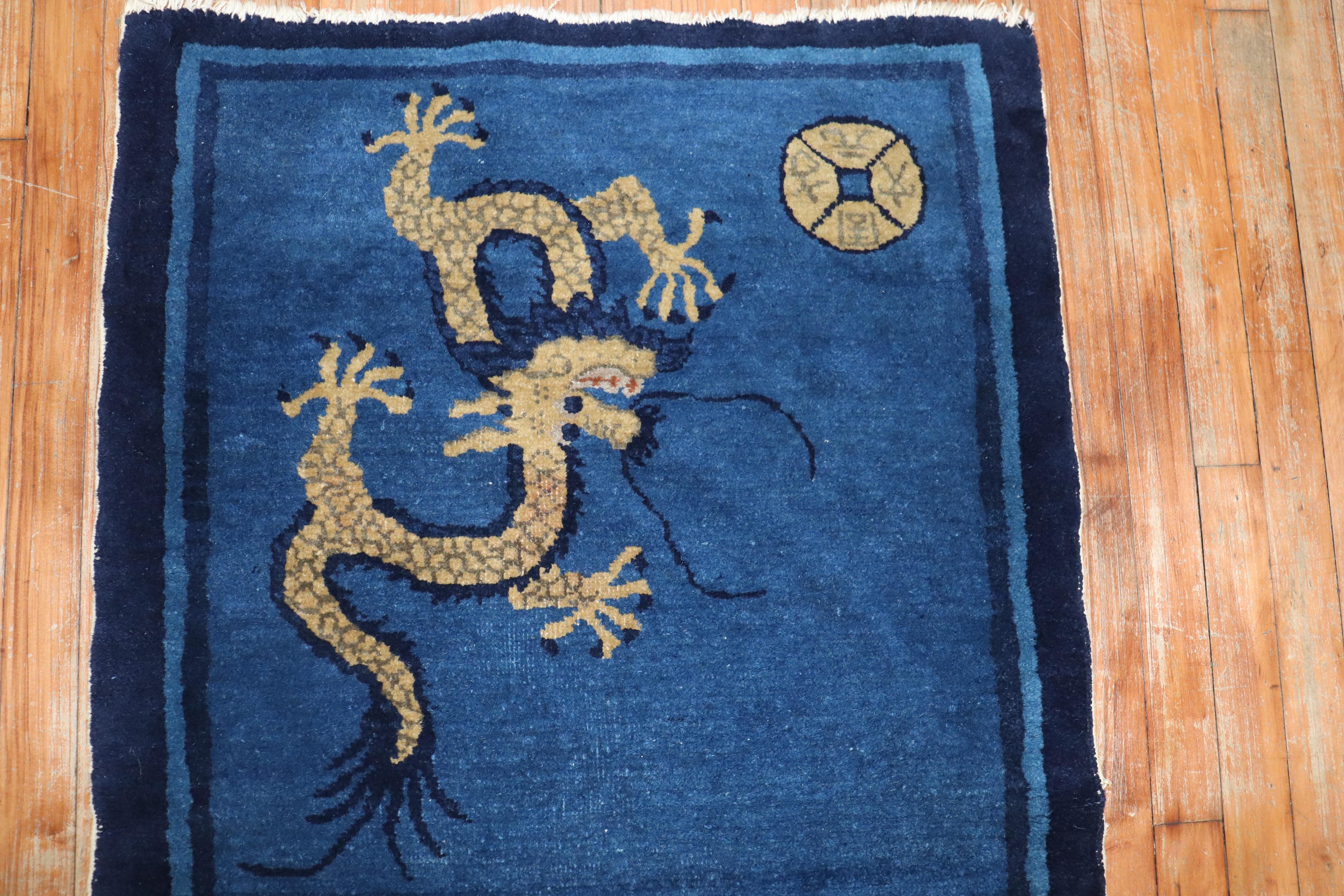 Hand-Knotted Dragon Blue Wool Chinese Rug, Early 20th Century