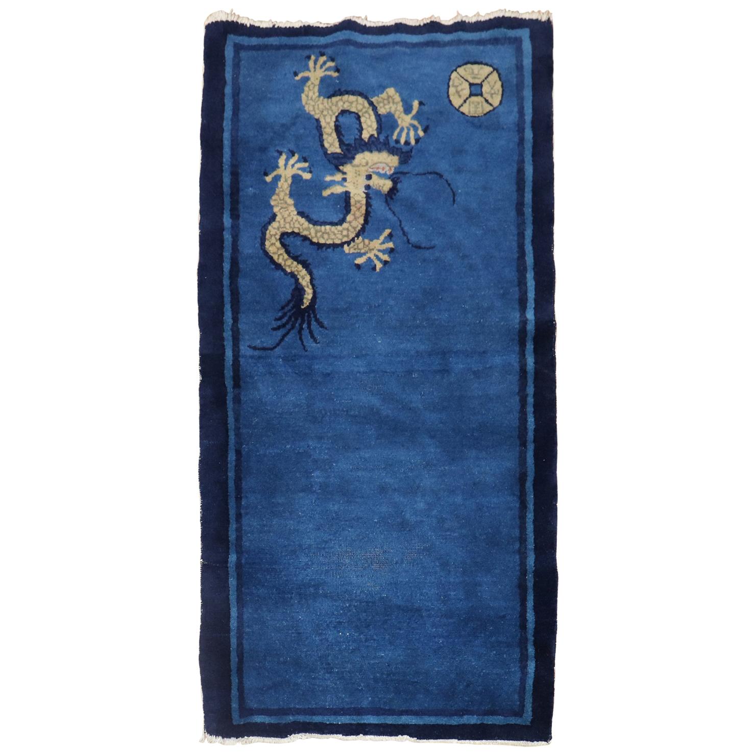 Dragon Blue Wool Chinese Rug, Early 20th Century