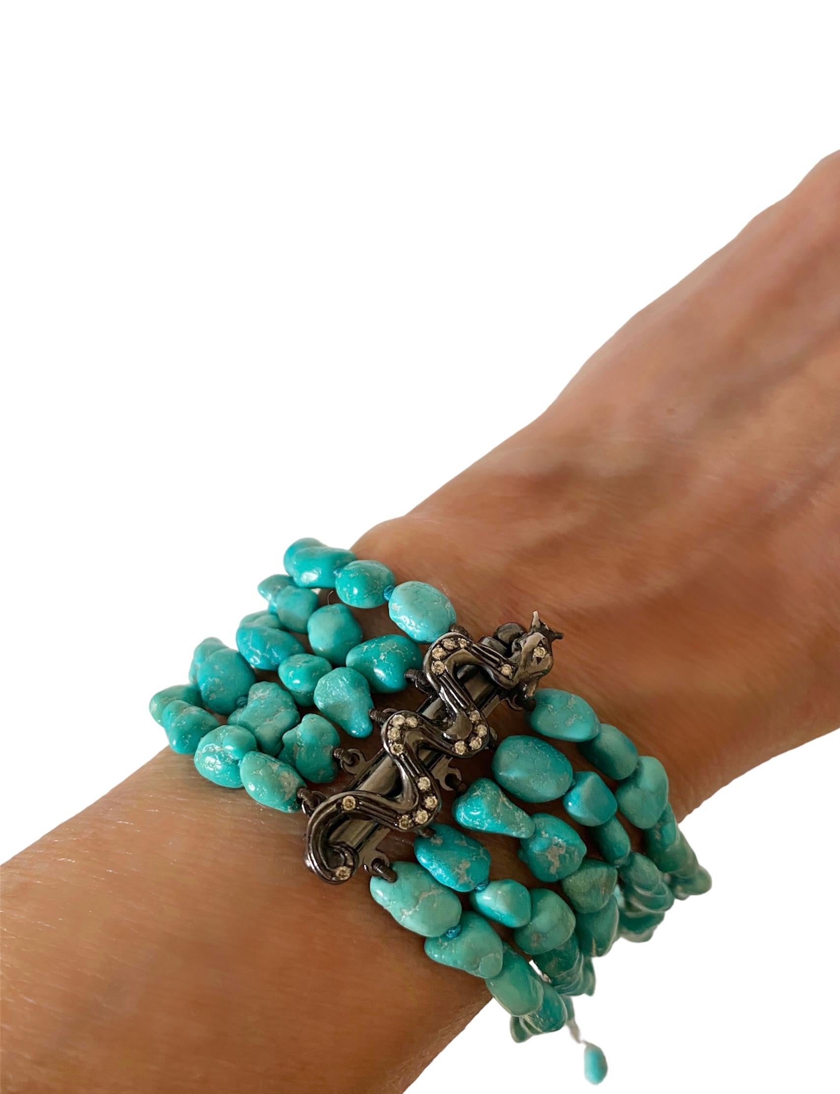Bracelet dragon en argent sterling, diamants gris et turquoise, design Rossella Ugolini  Unisexe en vente