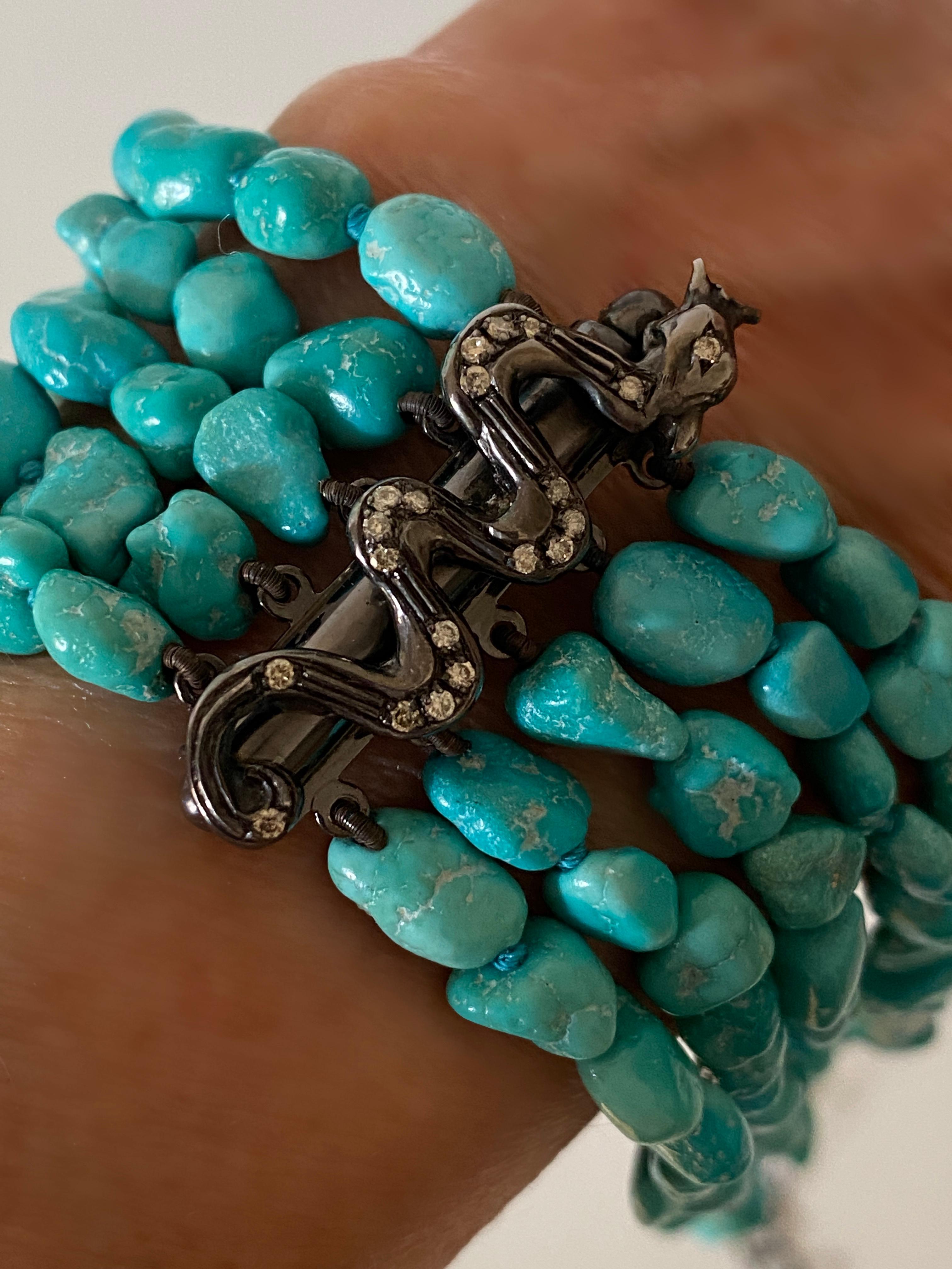 Women's or Men's Dragon Bracelet Sterling Silver Gray Diamonds Turquoise Design For Sale