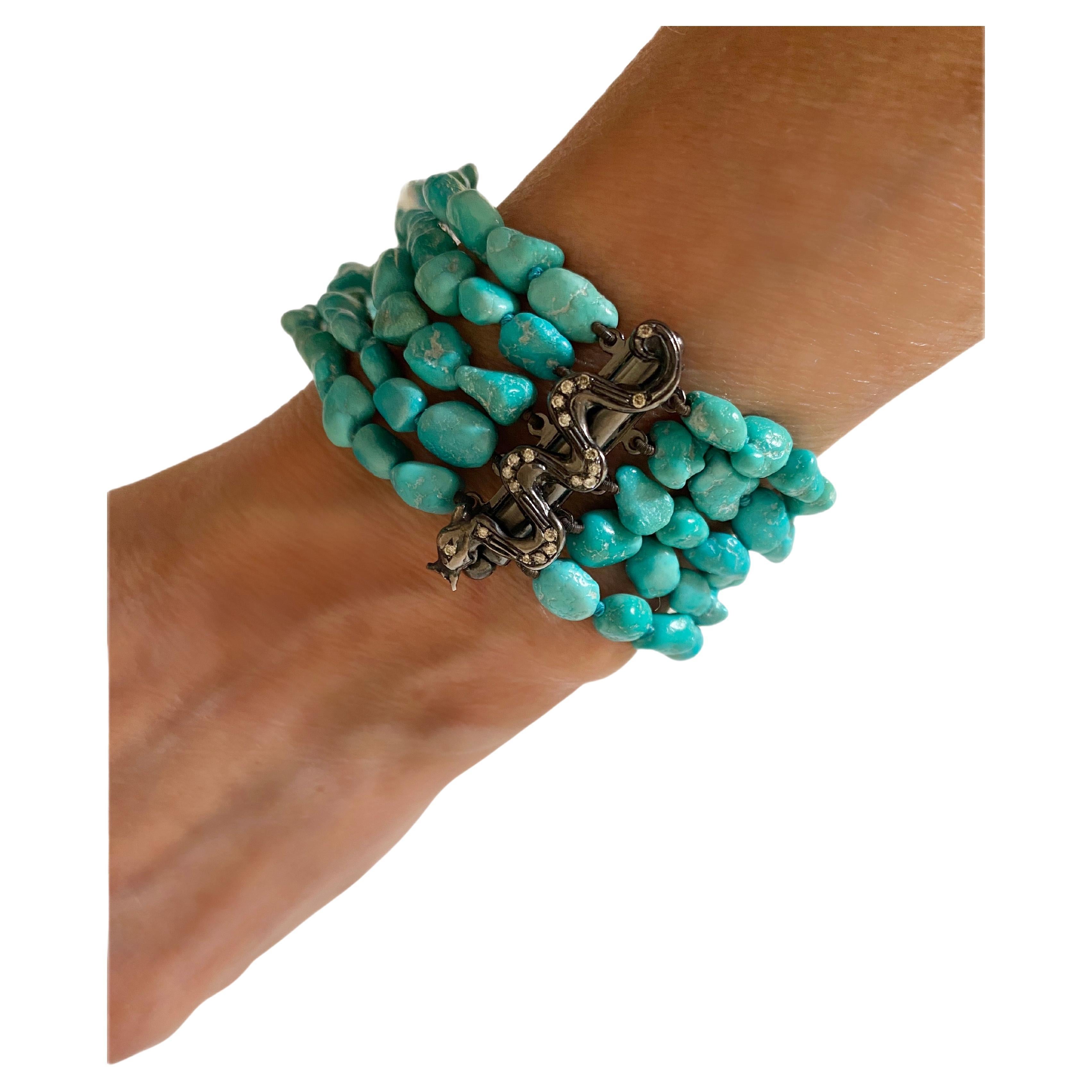 Bracelet dragon en argent sterling, diamants gris et turquoise, design Rossella Ugolini  en vente