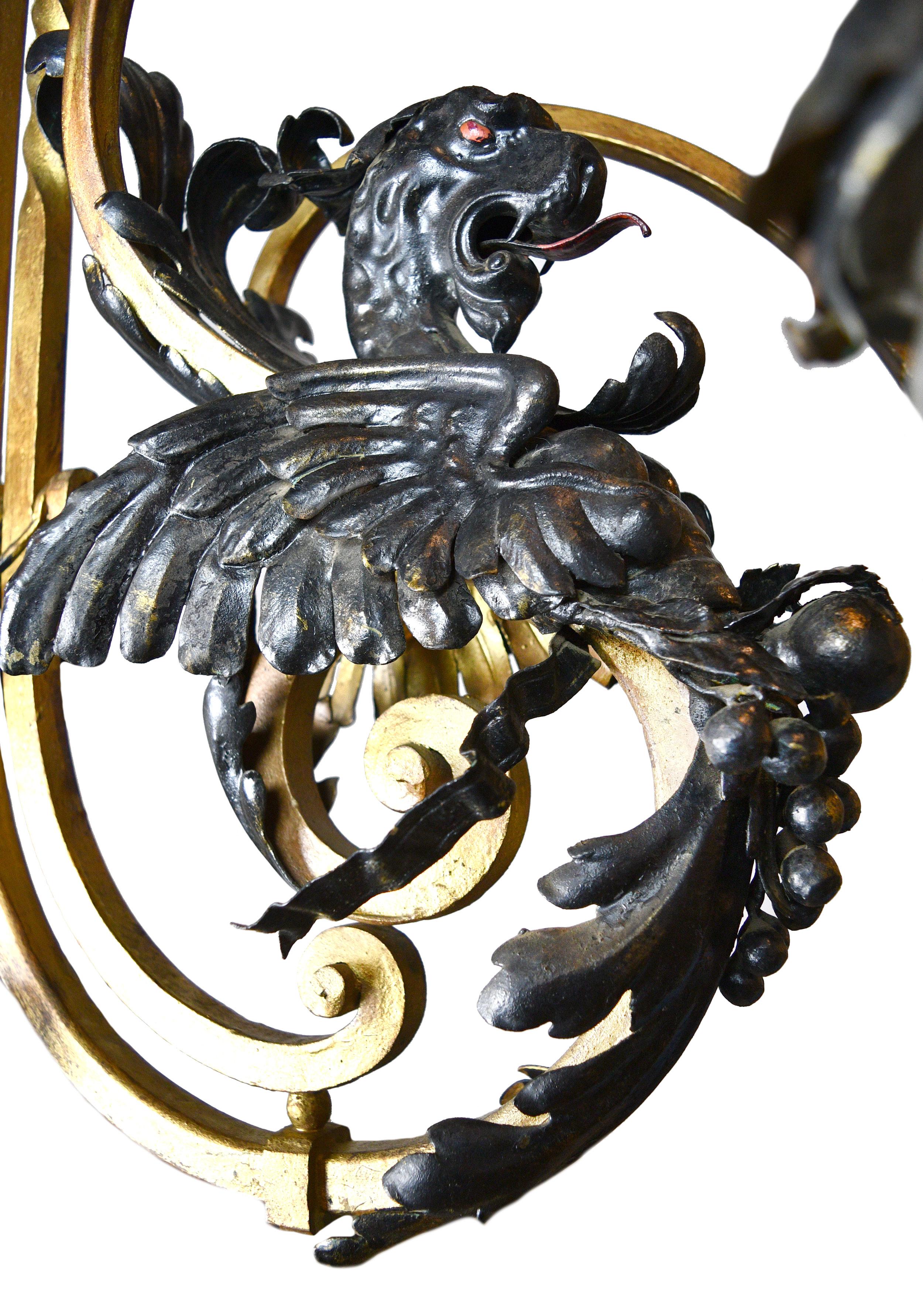 Gothic Dragon Chandelier with Teardrop Shades In Good Condition In Minneapolis, MN