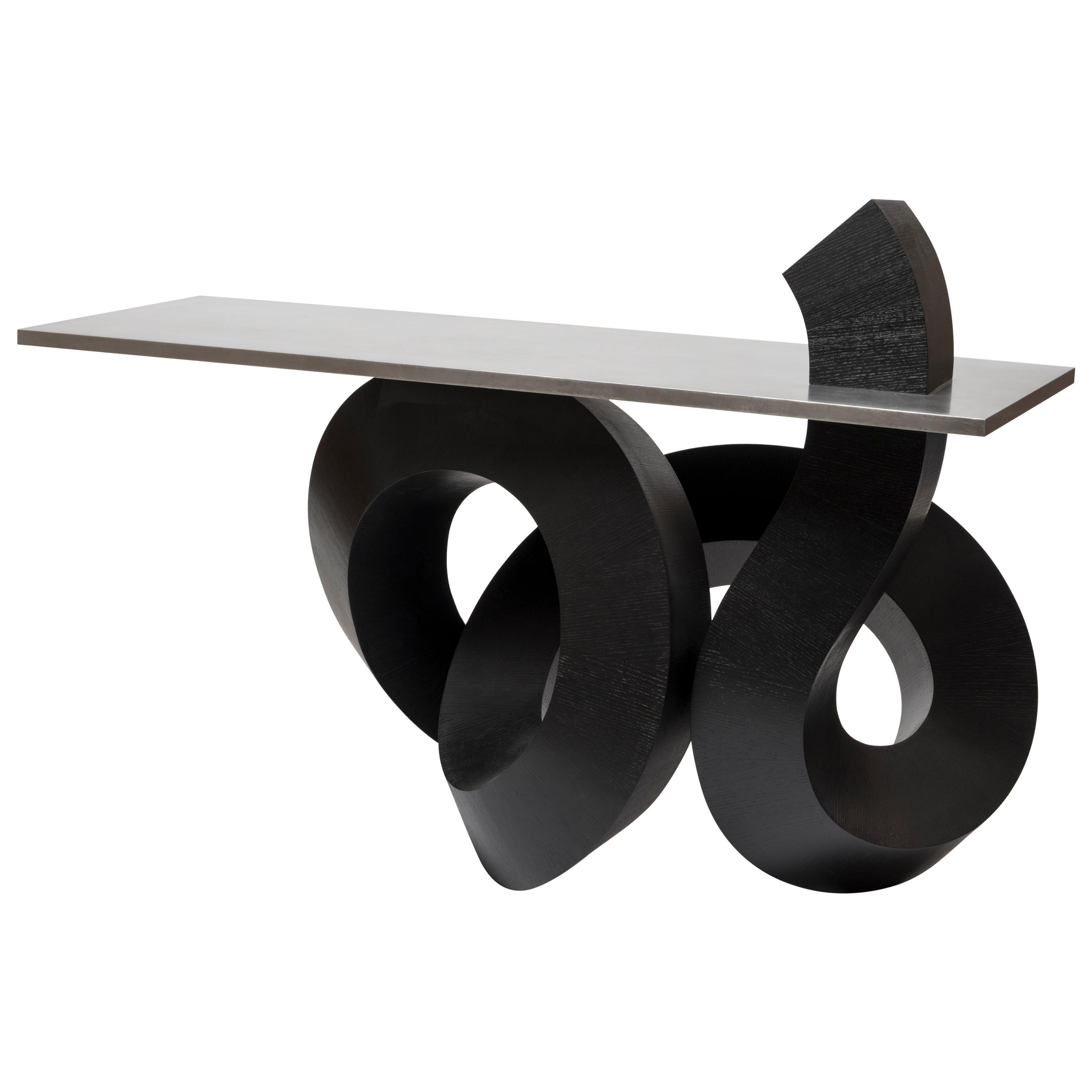 Table console ou table de couloir dragon en contreplaqué teinté noir et aluminium