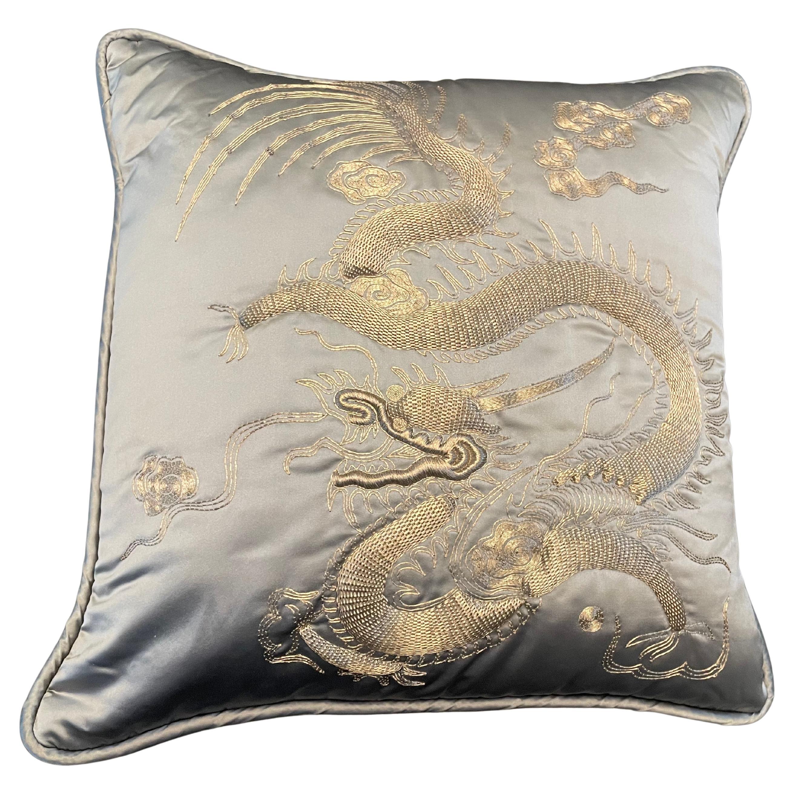 Dragon Cushion Hand Embroidery Silver Thread On Grey Silver Silk Satin