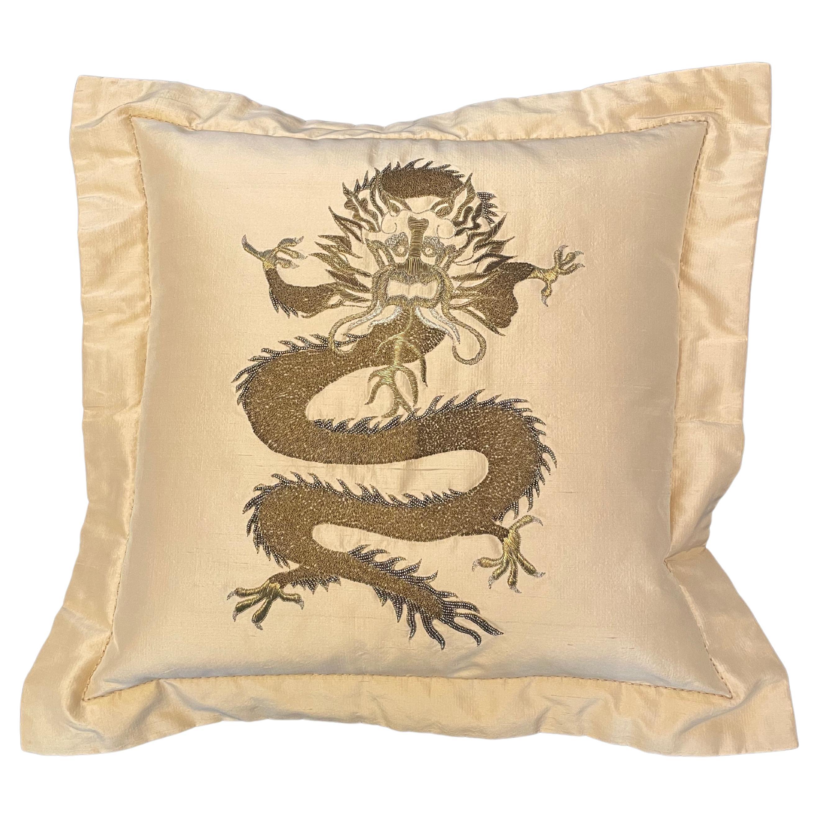 Dragon Cushion Hand Embroidery With Gold Thread And Beading On Silk Color Straw