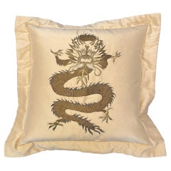 Dragon Cushion Hand Embroidery With Gold Thread And Beading On Silk Color Straw