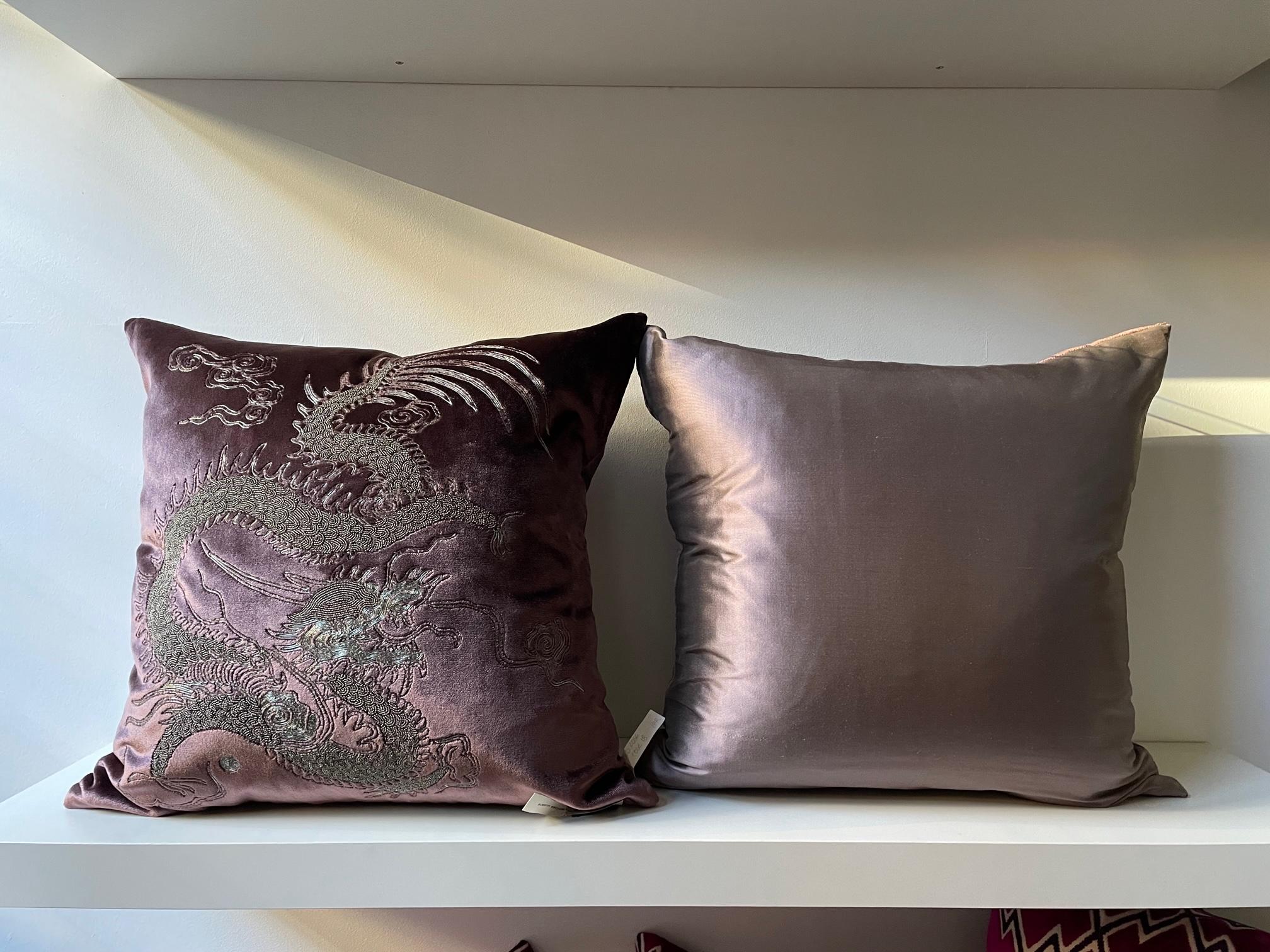 Chinoiserie Dragon Cushions Hand Embroidery Silver Beading on Silk Velvet Colour Heather For Sale