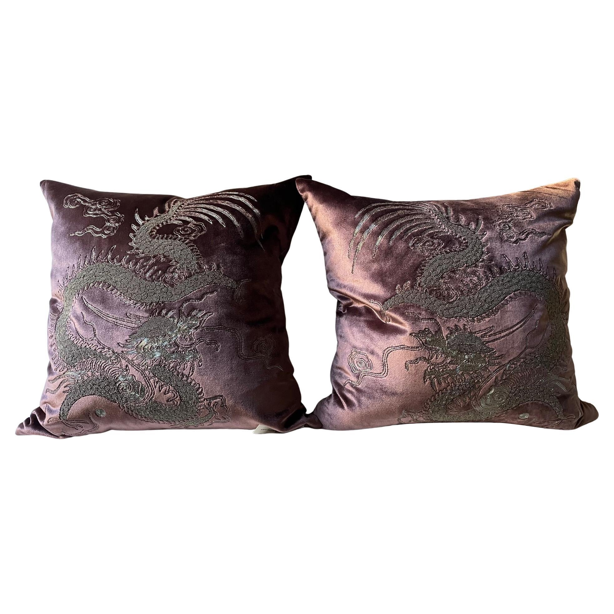 Dragon Cushions Hand Embroidery Silver Beading on Silk Velvet Colour Heather For Sale