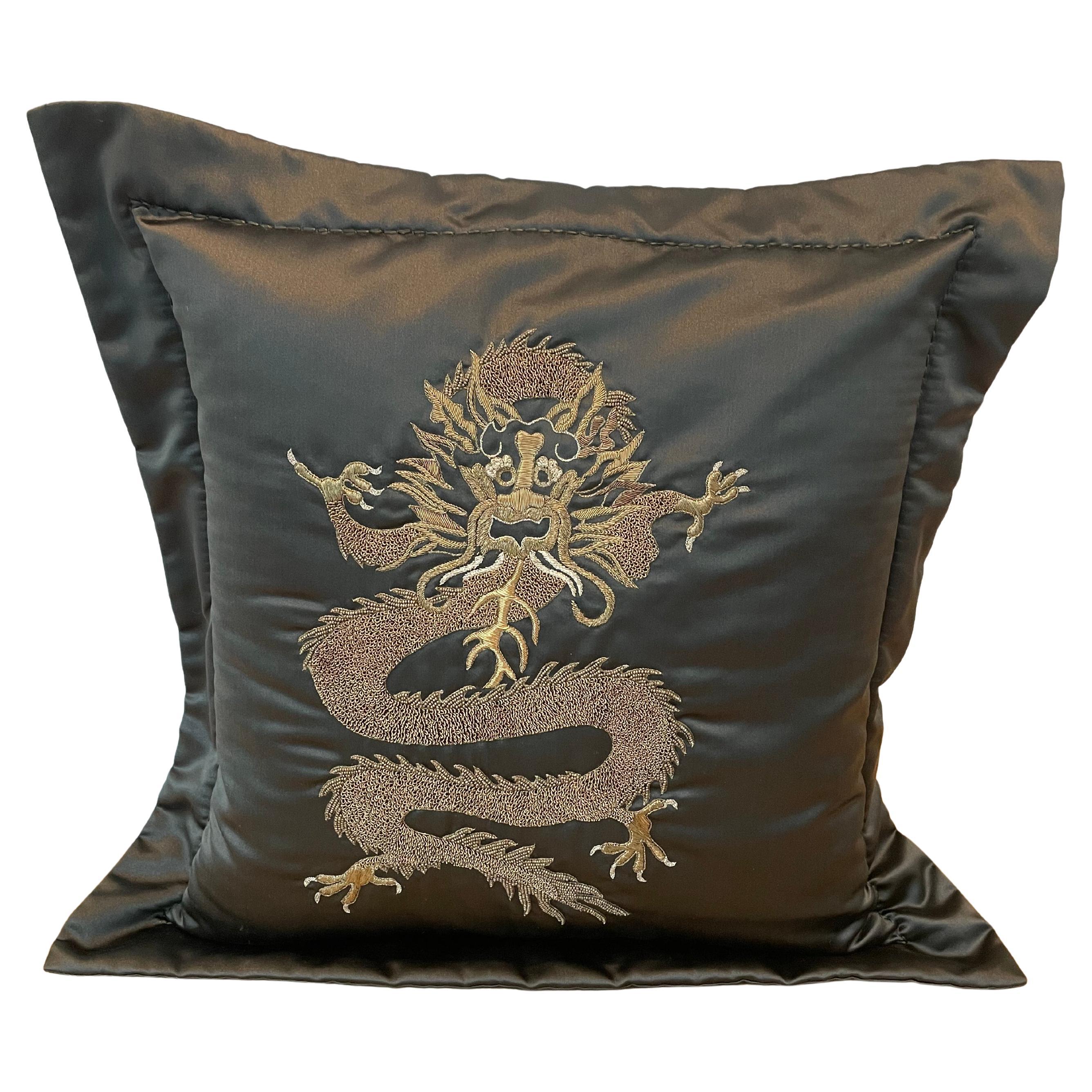 Dragon Design Cushion Silk Brown With Hand Embroidery in Metal Gold Thread