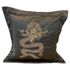 Dragon Design Cushion Silk Brown With Hand Embroidery in Metal Gold Thread