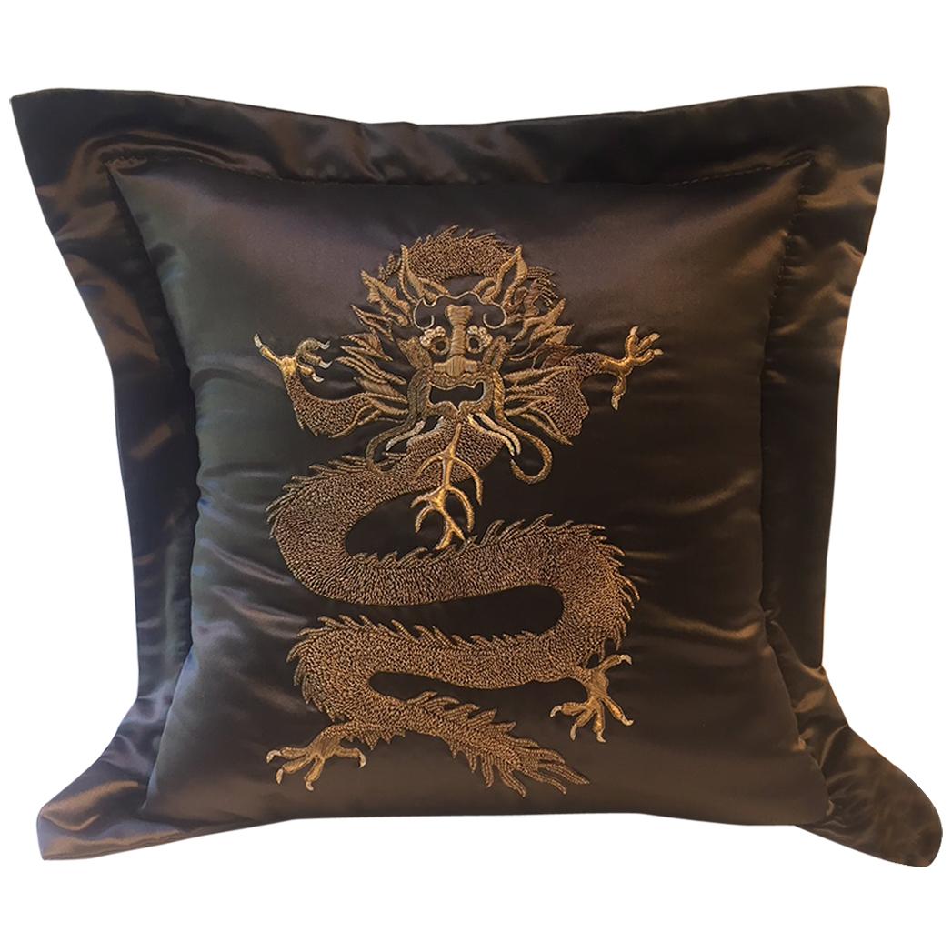 Dragon Design Cushion Silk Color Brown Hand Embroidery