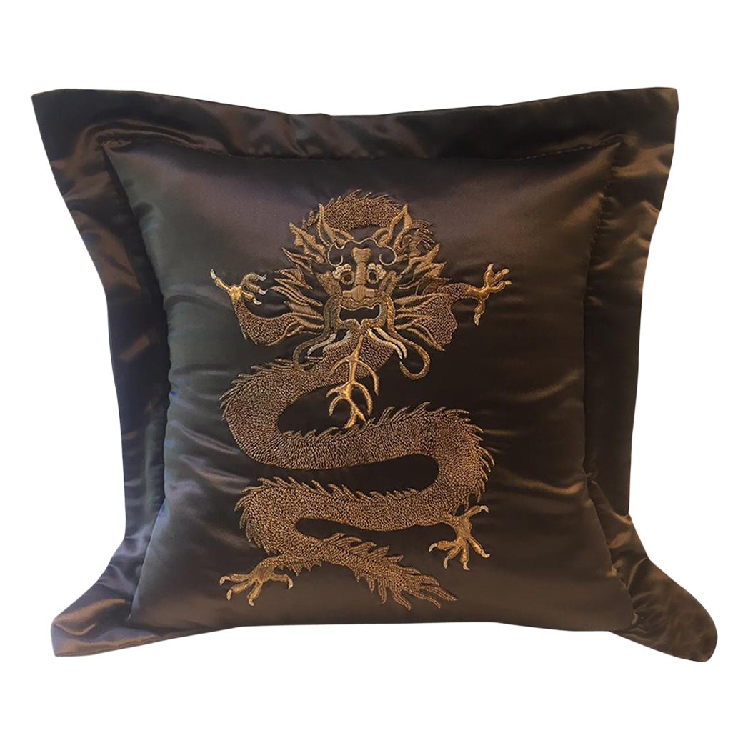 Dragon Design Cushion Silk Color Brown With Hand Embroidery in Metal Gold Thread