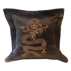 Dragon Design Cushion Silk Color Brown With Hand Embroidery in Metal Gold Thread