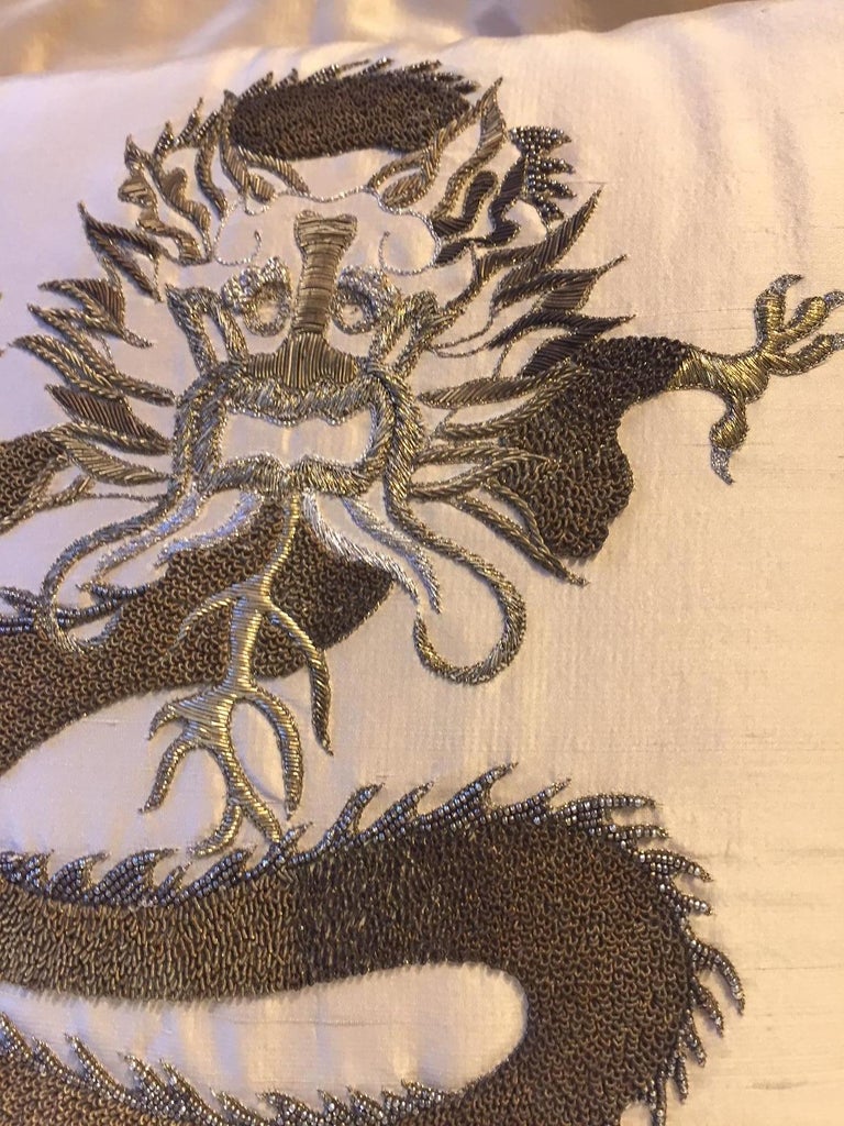Dragon Design Cushion Silk Color Straw Hand Embroidery For Sale at 1stDibs