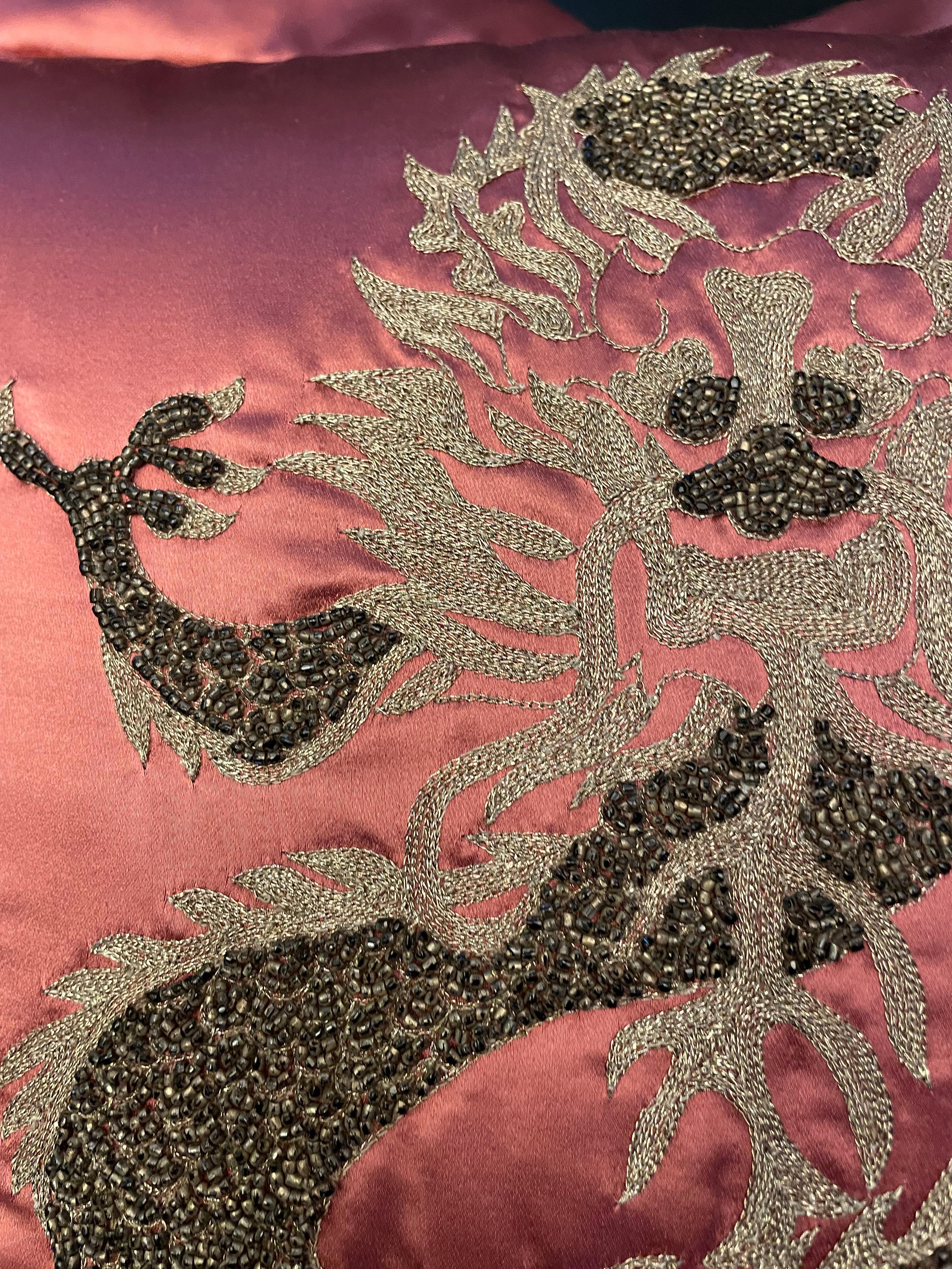 Tedesco Dragon Design Cushion Silk In Col. Strawberry Hand Embroidery With Silver Beads in vendita