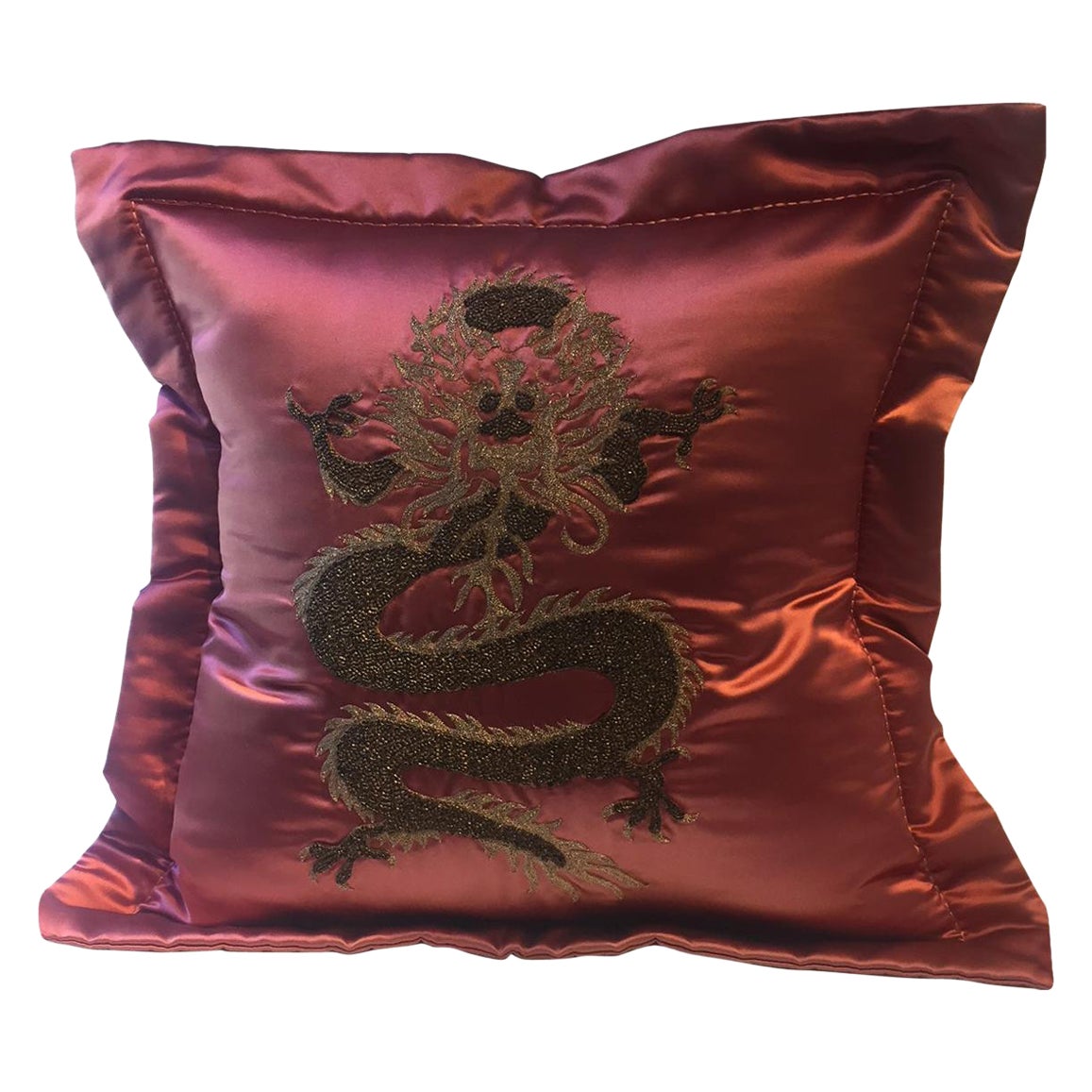 Dragon Design Cushion Silk In Col. Strawberry Hand Embroidery With Golden Beads