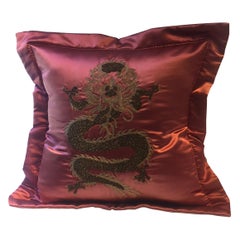 Dragon Design Cushion Silk In Col. Strawberry Hand Embroidery With Golden Beads