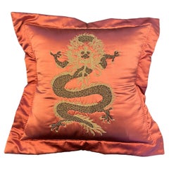 Dragon Design Cushion Silk In Col. Strawberry Hand Embroidery With Silver Beads