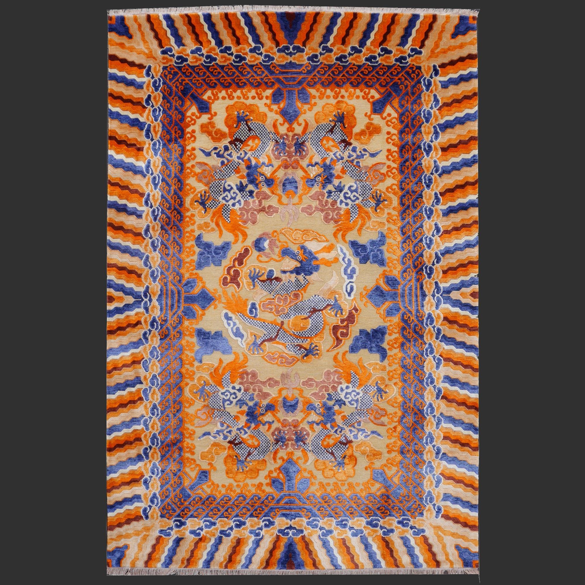 Teppich aus Wolle und Seide im Drachendesign im Stil von chinesischen Kansu-Teppichen im Angebot 3